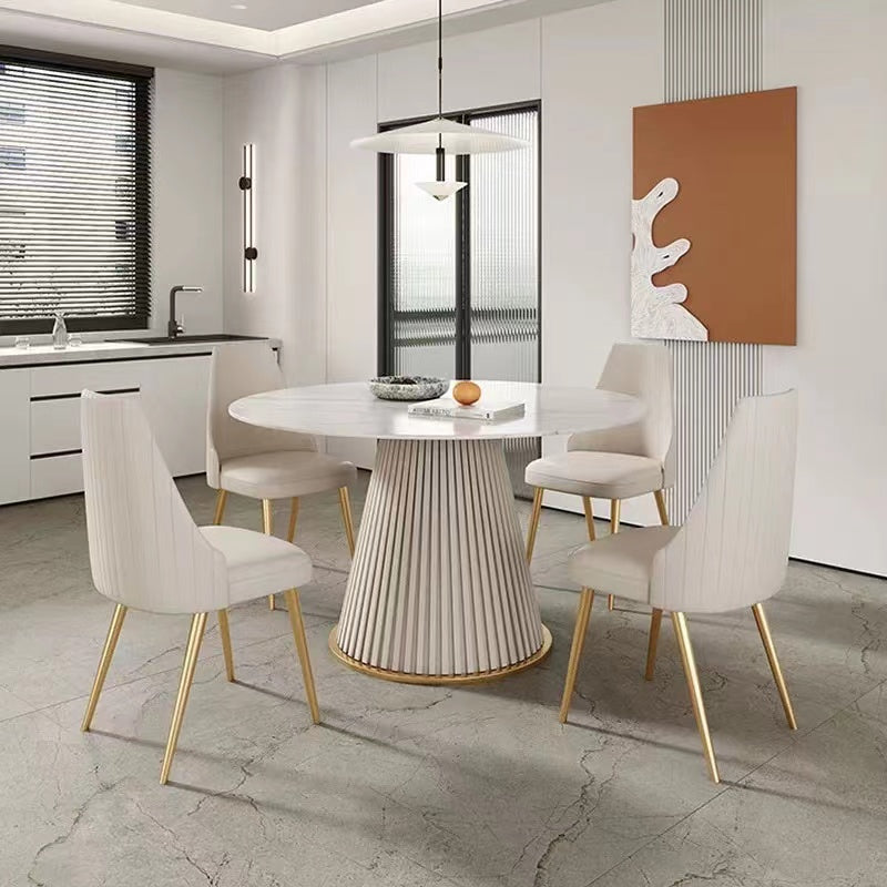 （缺货）53 inch Modern sintered stone round dining table with stainless steel base with 4 pcs chairs