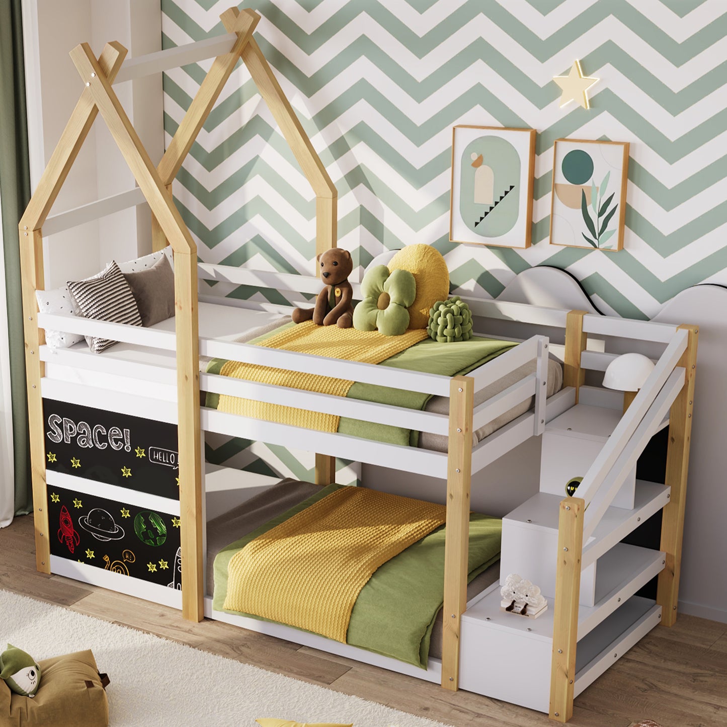 Twin over Twin House Bunk Bed with White Storage Staircase and 2 Blackboards, White and Natural