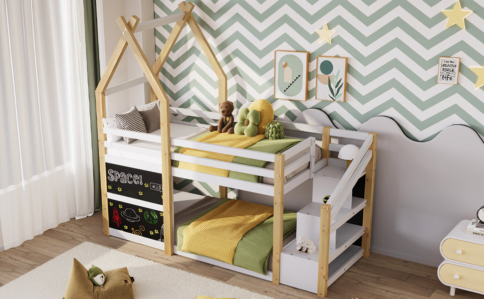 Twin over Twin House Bunk Bed with White Storage Staircase and 2 Blackboards, White and Natural