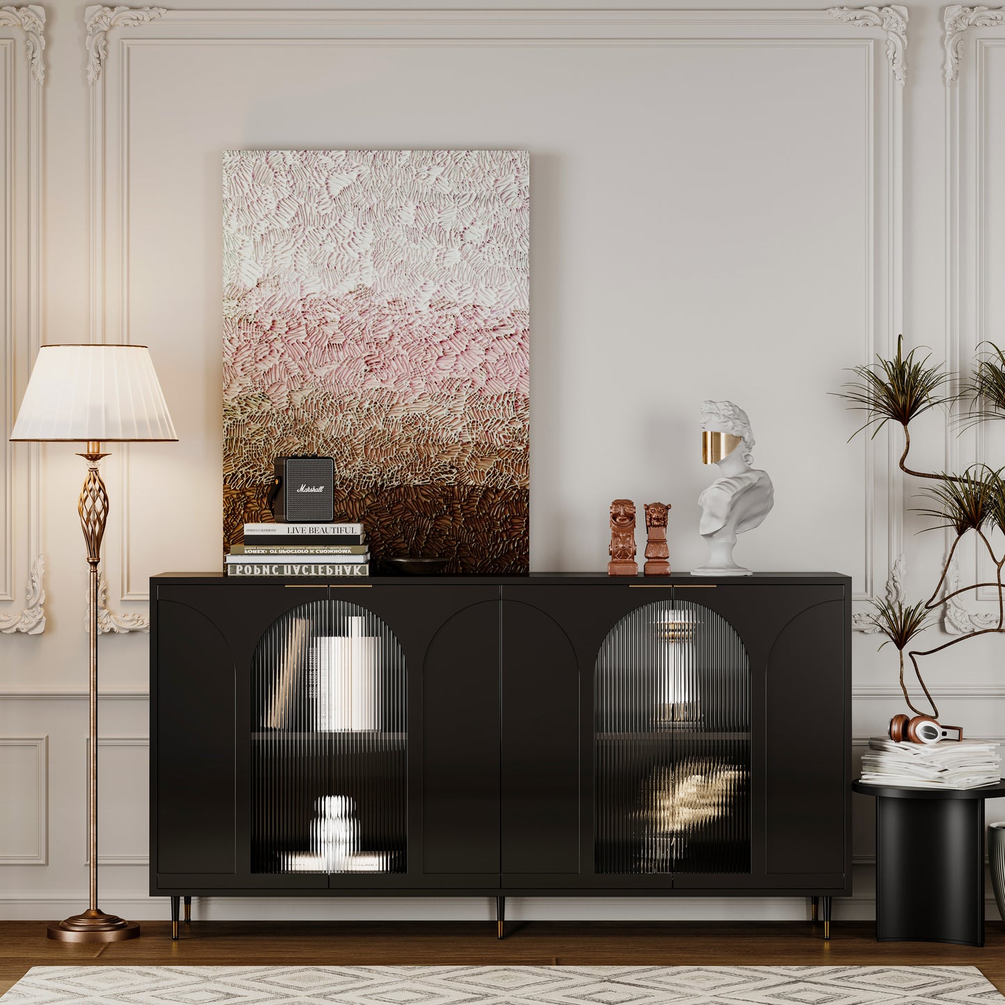 Accent Cabinet Black Lacquered Wooden Cabinet with 4 Glass Doors Sideboard Buffet Server Cabinet Storage Cabinet, for Living Room, Entryway, Hallway, Office, Kitchen and Dining Room