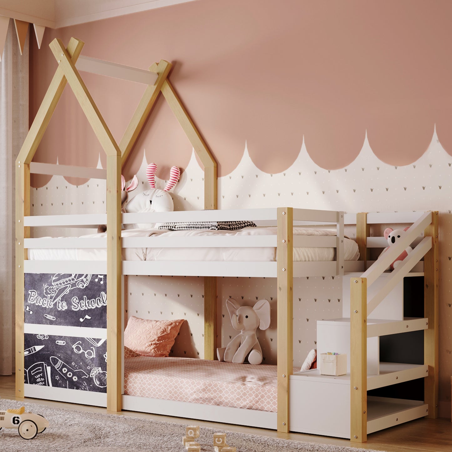 Twin over Twin House Bunk Bed with White Storage Staircase and 2 Blackboards, White and Natural