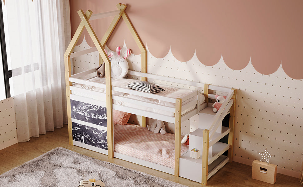 Twin over Twin House Bunk Bed with White Storage Staircase and 2 Blackboards, White and Natural