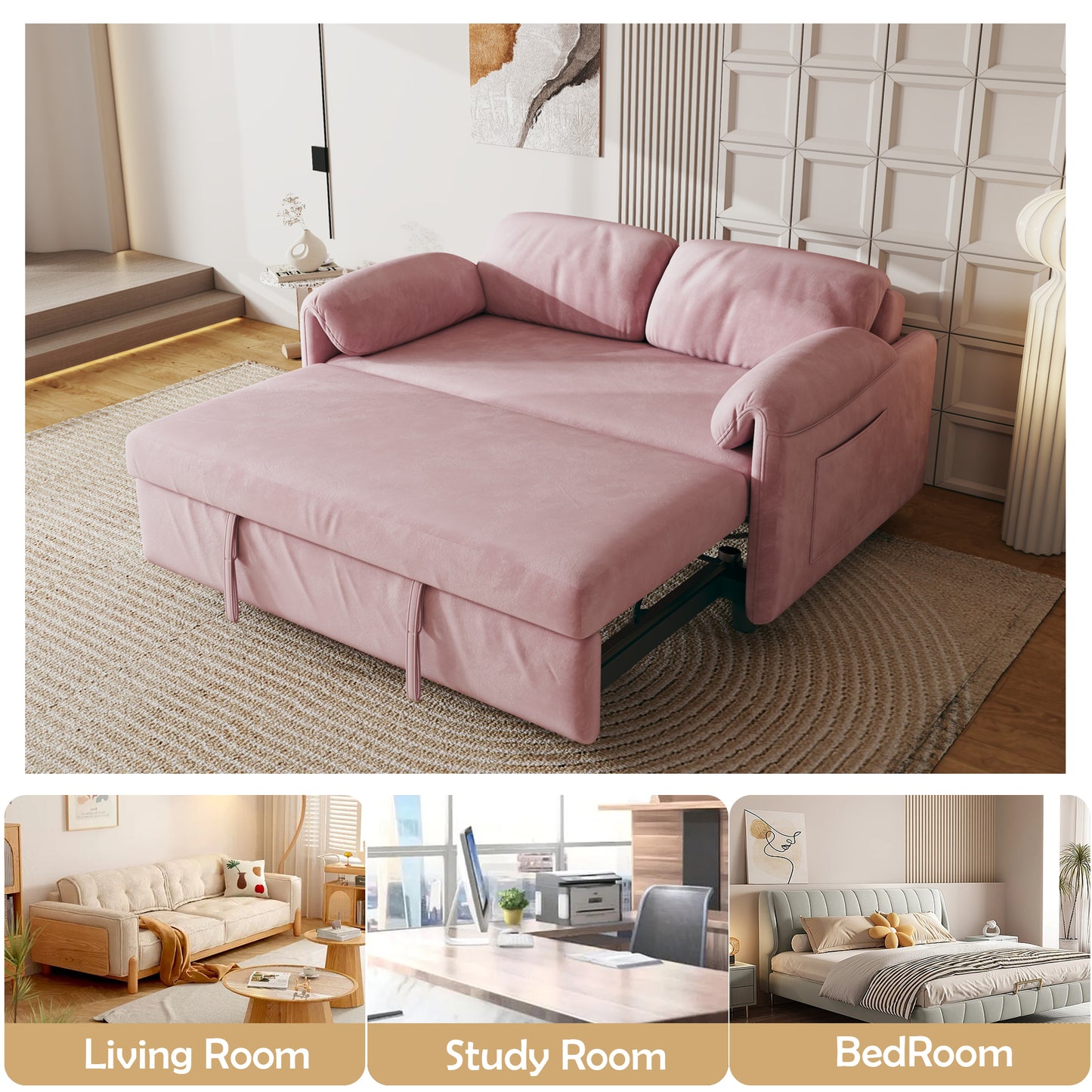 54-inch velvet pink sofa sofa bed Multi-purpose living room retractable bed