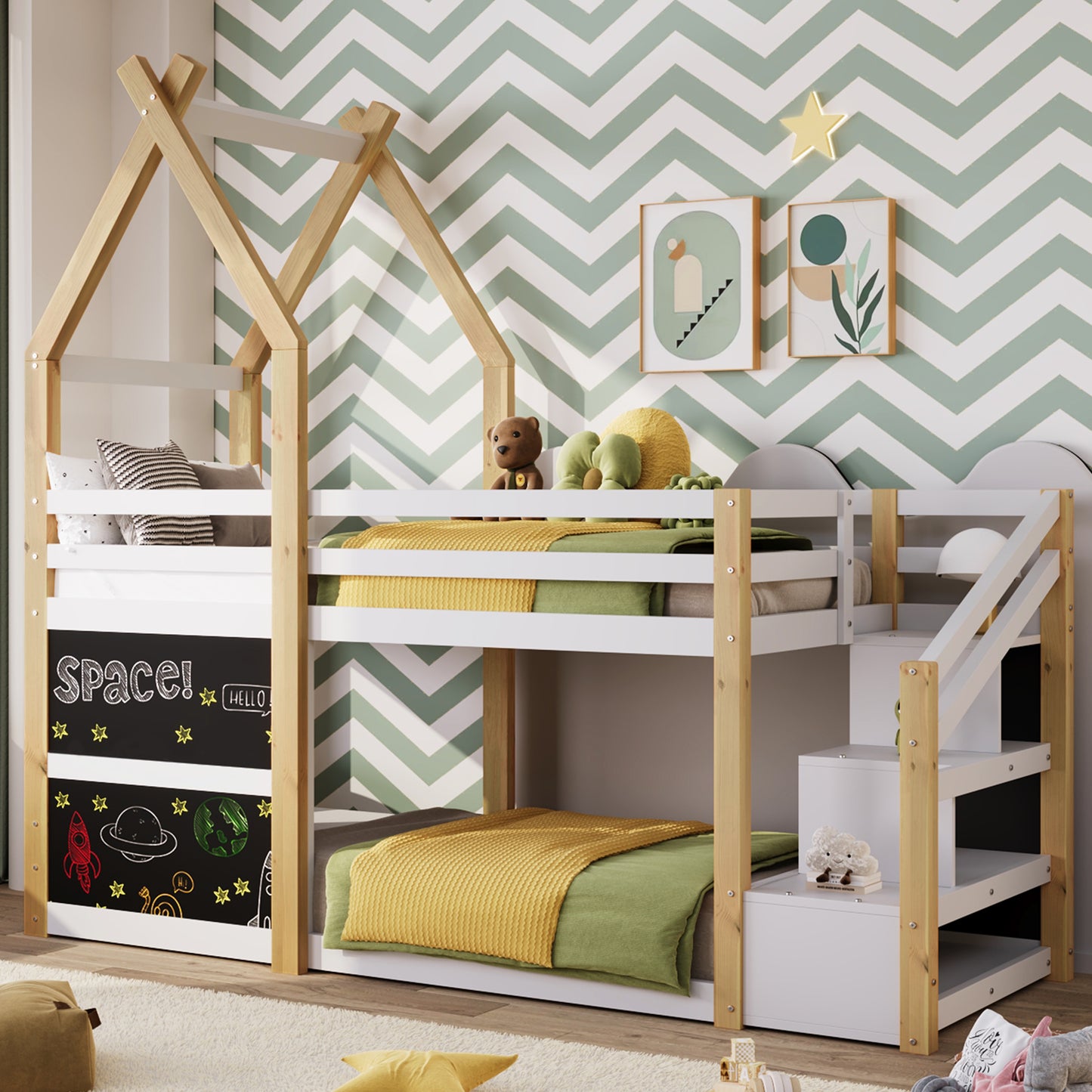 Twin over Twin House Bunk Bed with White Storage Staircase and 2 Blackboards, White and Natural