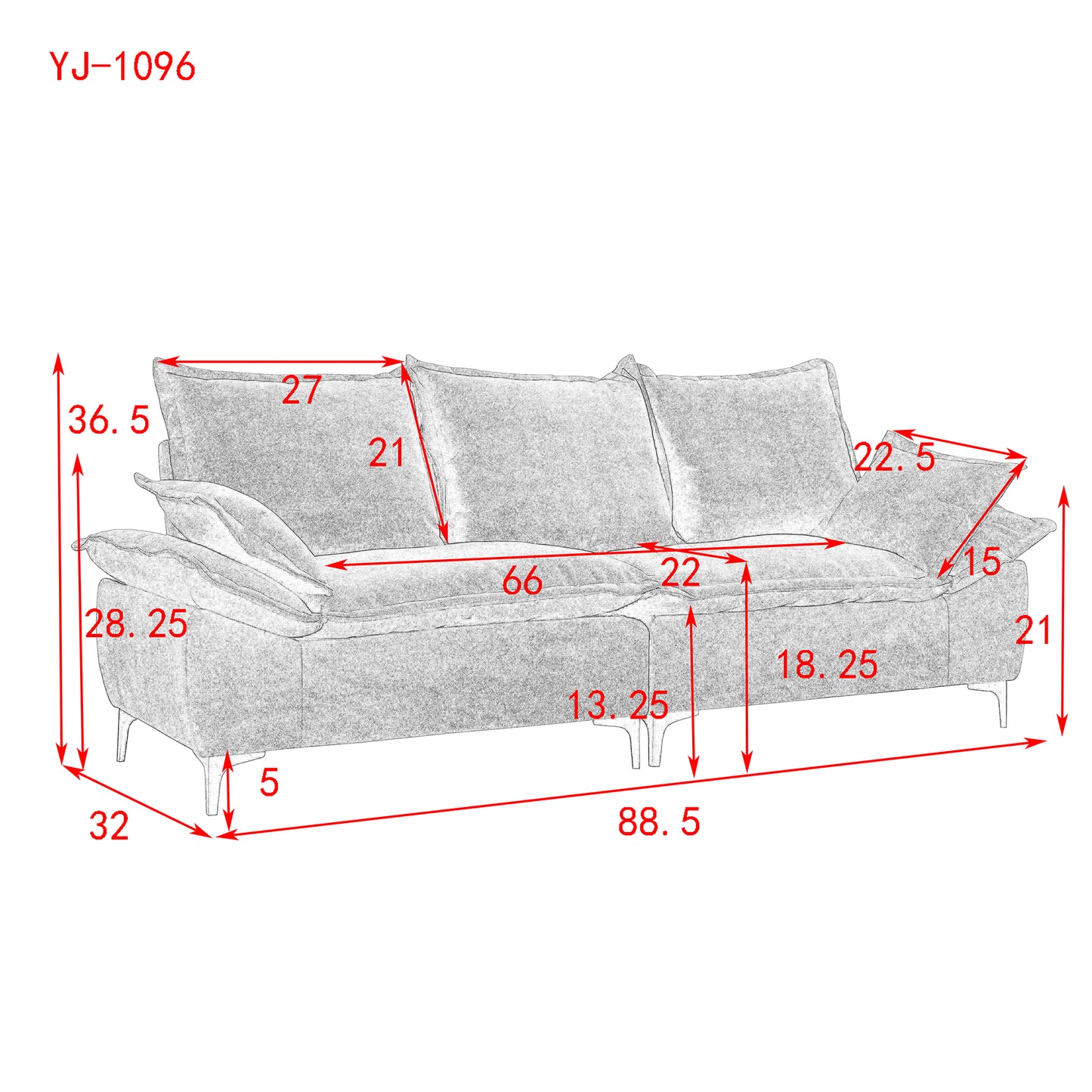 MH" 88.5 Modern Sailboat Sofa Dutch Velvet 3-Seater Sofa with Two Pillows for Small Spaces in Living Rooms, Apartments