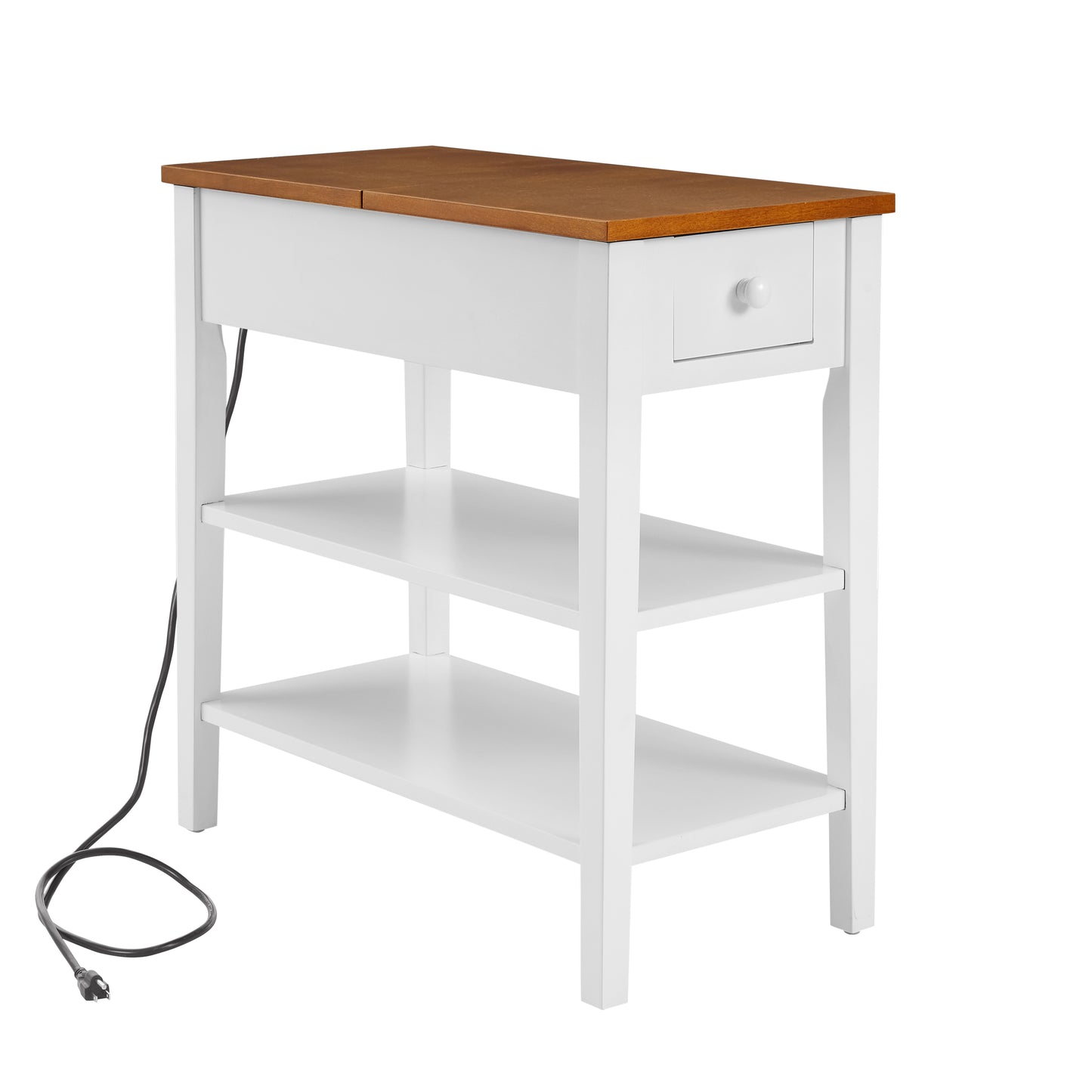 Narrow 2-tone End Table with USB Charging Ports for Small Space, SOLID WOOD Table Legs, White and Walnut, 11.8"W*24"D*24.2"H