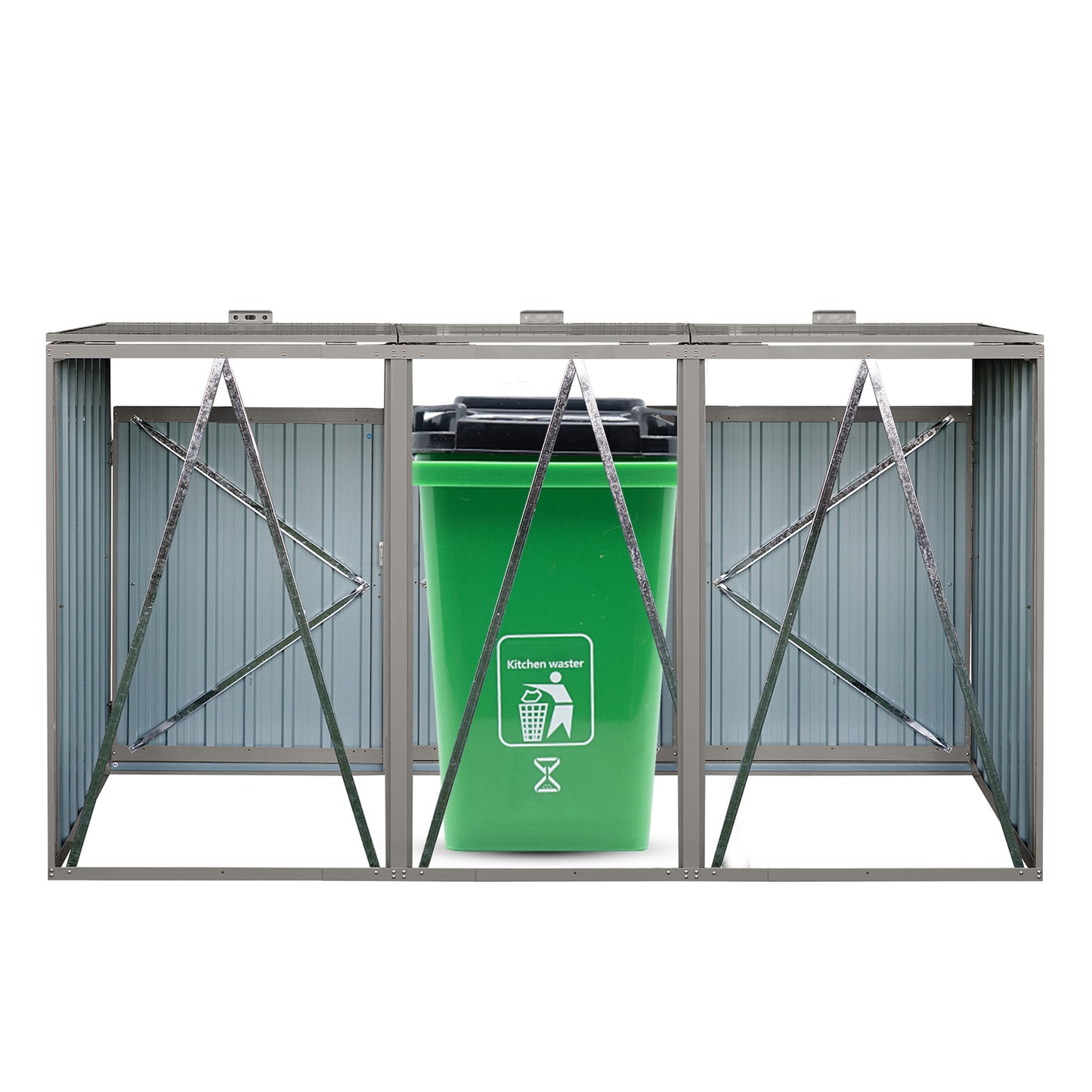 Garbage Bin Shed Stores 3 Trash Cans Metal Outdoor Bin Shed for Garbage Storage,Stainless Galvanized Steel, Bin Shed for Garden Yard Lawn,Grey