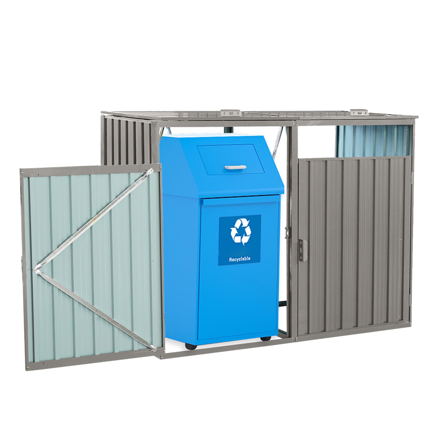 Garbage Bin Shed Stores 2 Trash Cans Metal Outdoor Bin Shed for Garbage Storage,Stainless Galvanized Steel, Bin Shed for Garden Yard Lawn,Grey