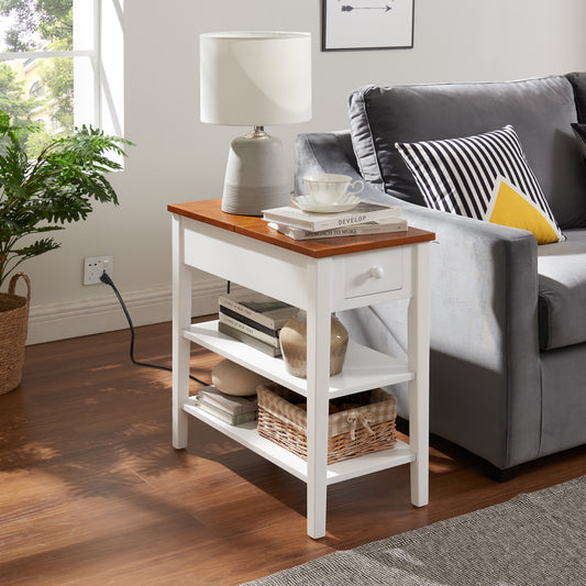 Narrow 2-tone End Table with USB Charging Ports for Small Space, SOLID WOOD Table Legs, White and Walnut, 11.8"W*24"D*24.2"H