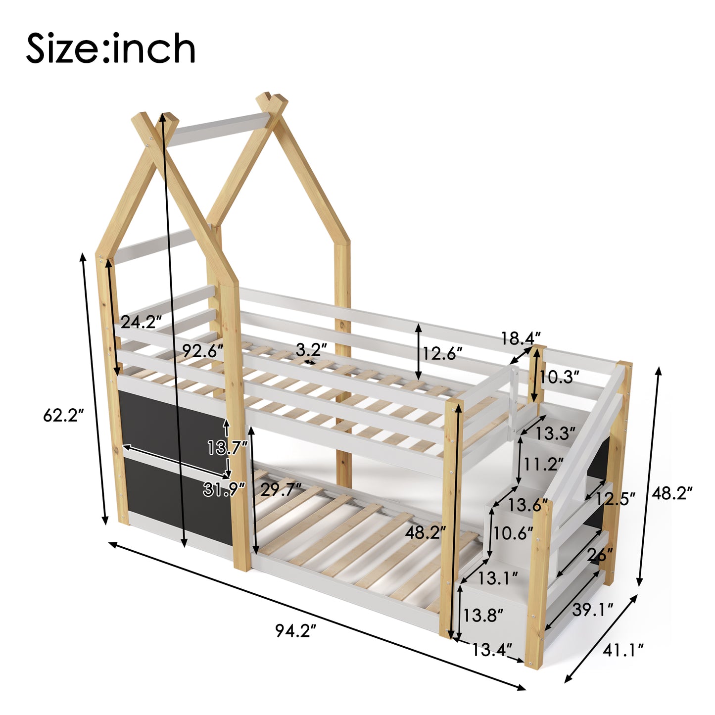 Twin over Twin House Bunk Bed with White Storage Staircase and 2 Blackboards, White and Natural