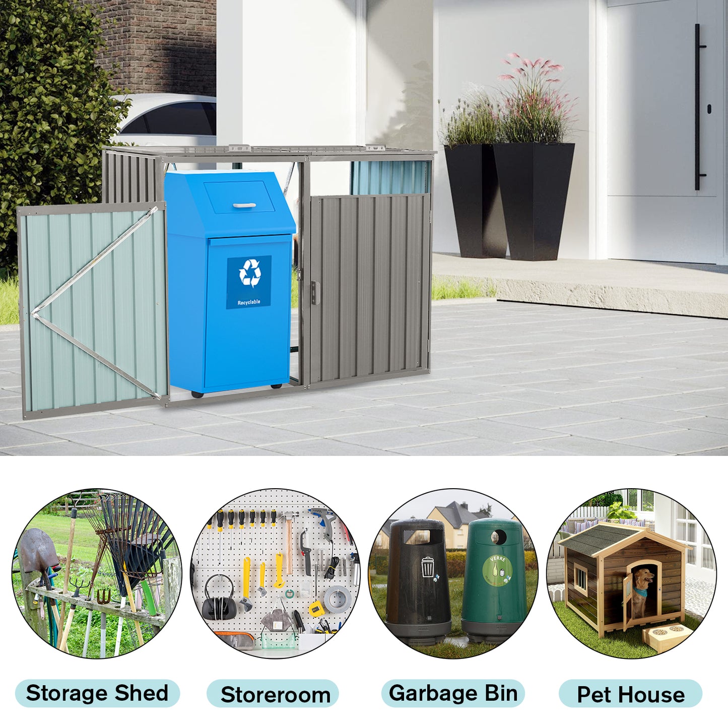 Garbage Bin Shed Stores 2 Trash Cans Metal Outdoor Bin Shed for Garbage Storage,Stainless Galvanized Steel, Bin Shed for Garden Yard Lawn,Grey