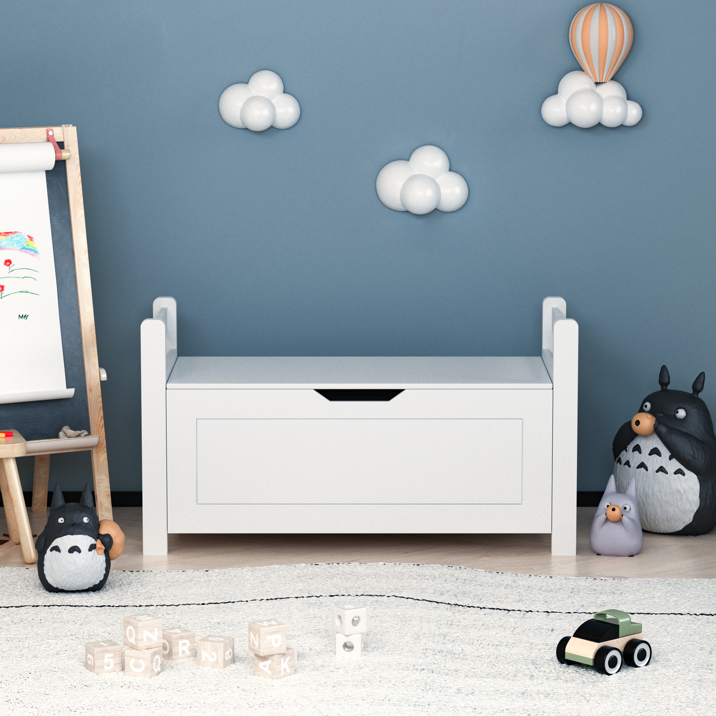 （缺货）Kids Toy Box Chest, White Rubber Wood Toy Box for Boys Girls, Large Storage Cabinet with Flip-Top Lid/Safety Hinge, Toy Storage Organizer Trunk for Nursery, Playroom