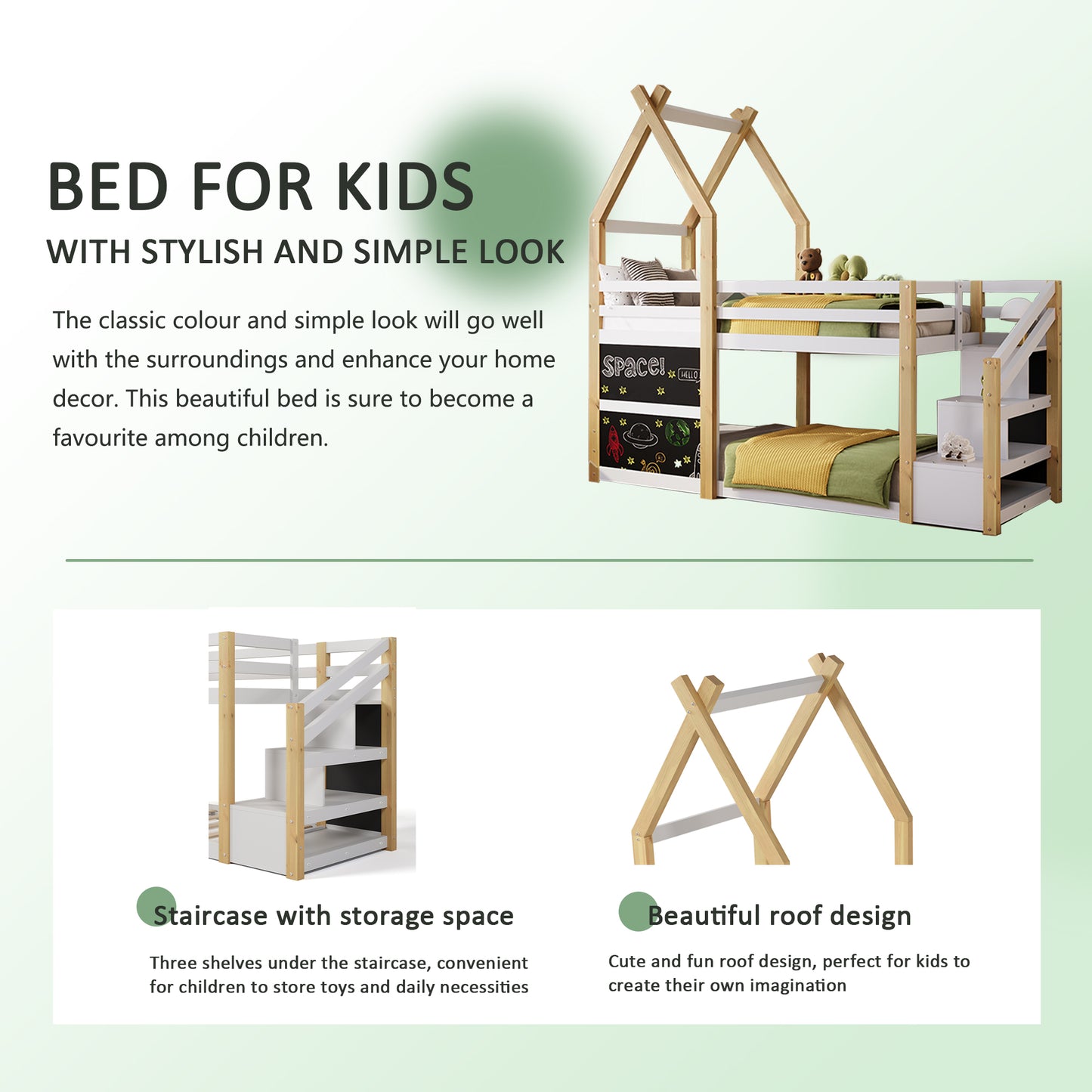 Twin over Twin House Bunk Bed with White Storage Staircase and 2 Blackboards, White and Natural