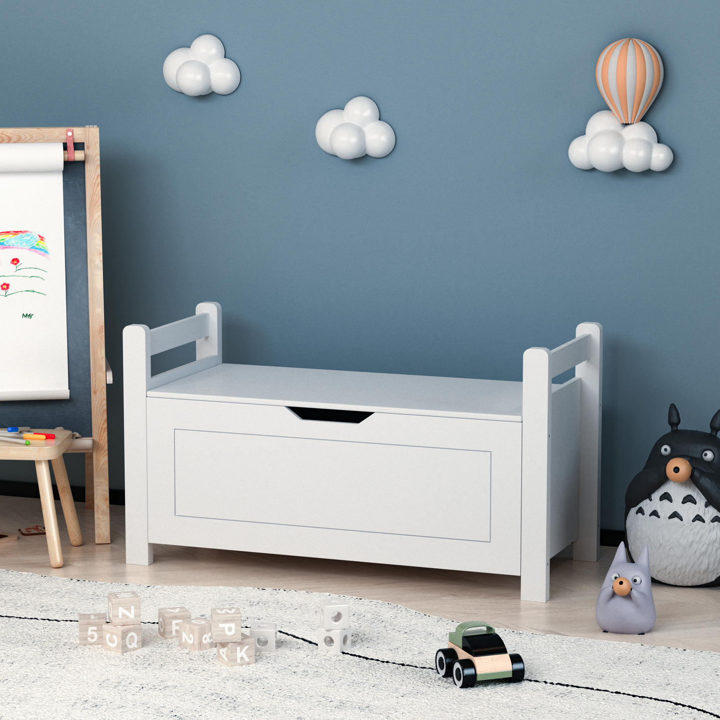 （缺货）Kids Toy Box Chest, White Rubber Wood Toy Box for Boys Girls, Large Storage Cabinet with Flip-Top Lid/Safety Hinge, Toy Storage Organizer Trunk for Nursery, Playroom