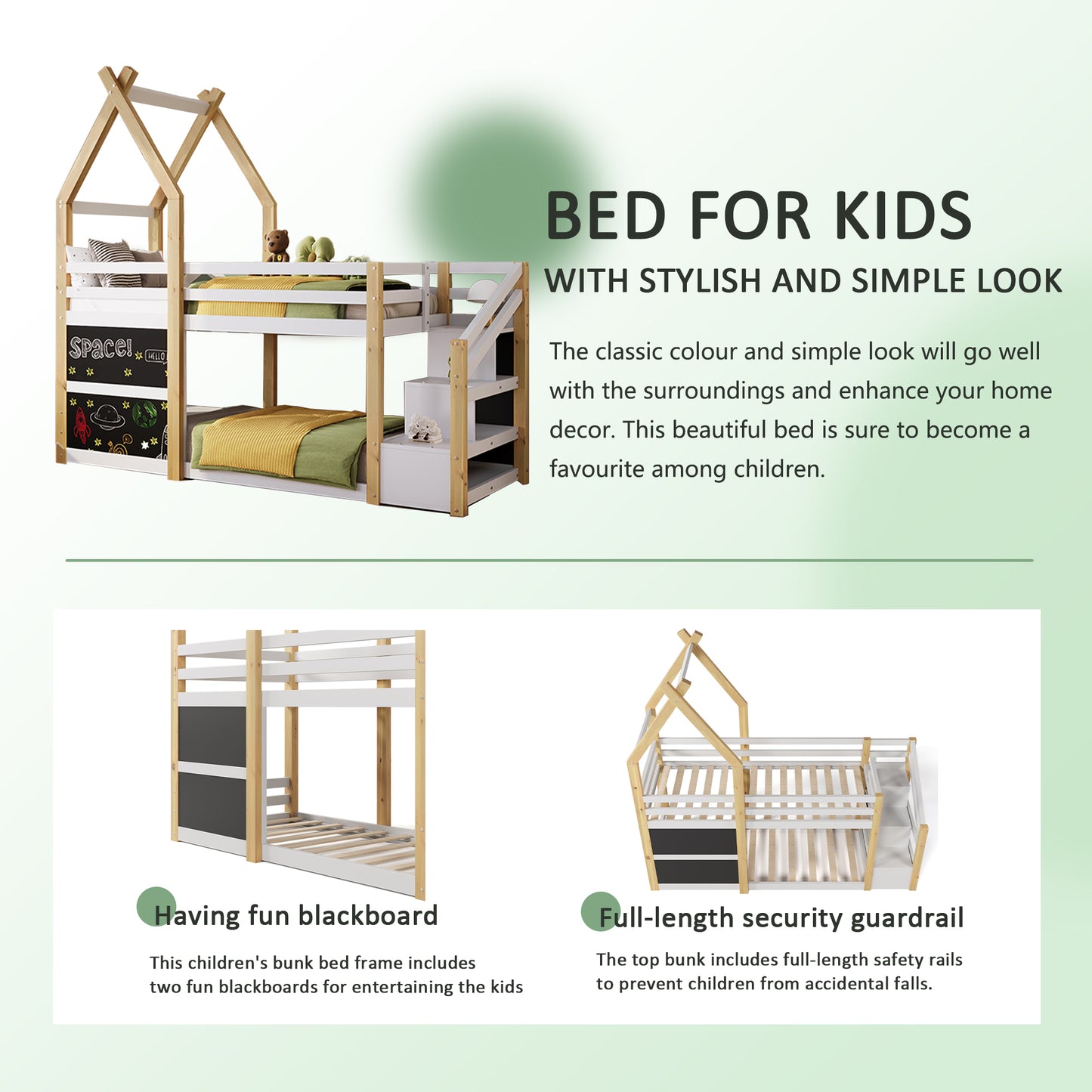 Twin over Twin House Bunk Bed with White Storage Staircase and 2 Blackboards, White and Natural