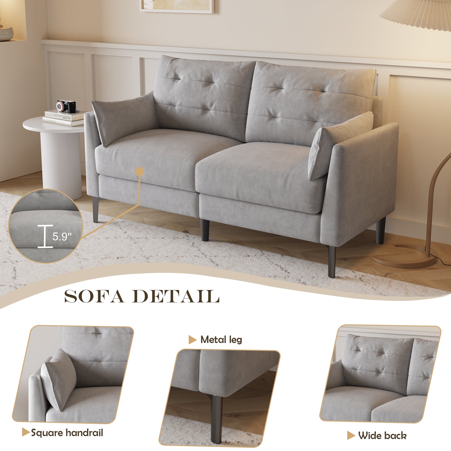 57.5 "cotton-linen light grey double sofa Metal feet Plastic feet Thick cushion with two armrests