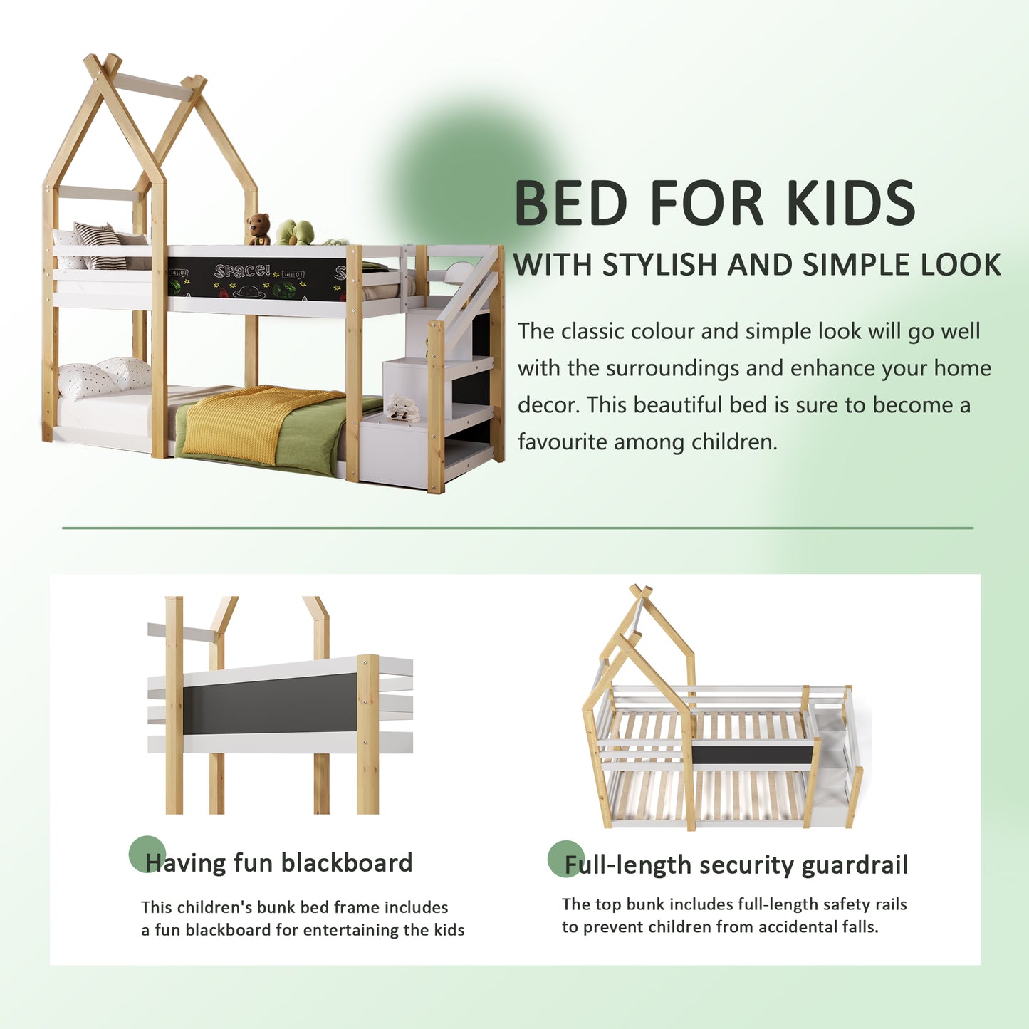 Twin over Twin House Bunk Bed with White Storage Staircase and Blackboard, White and Natural