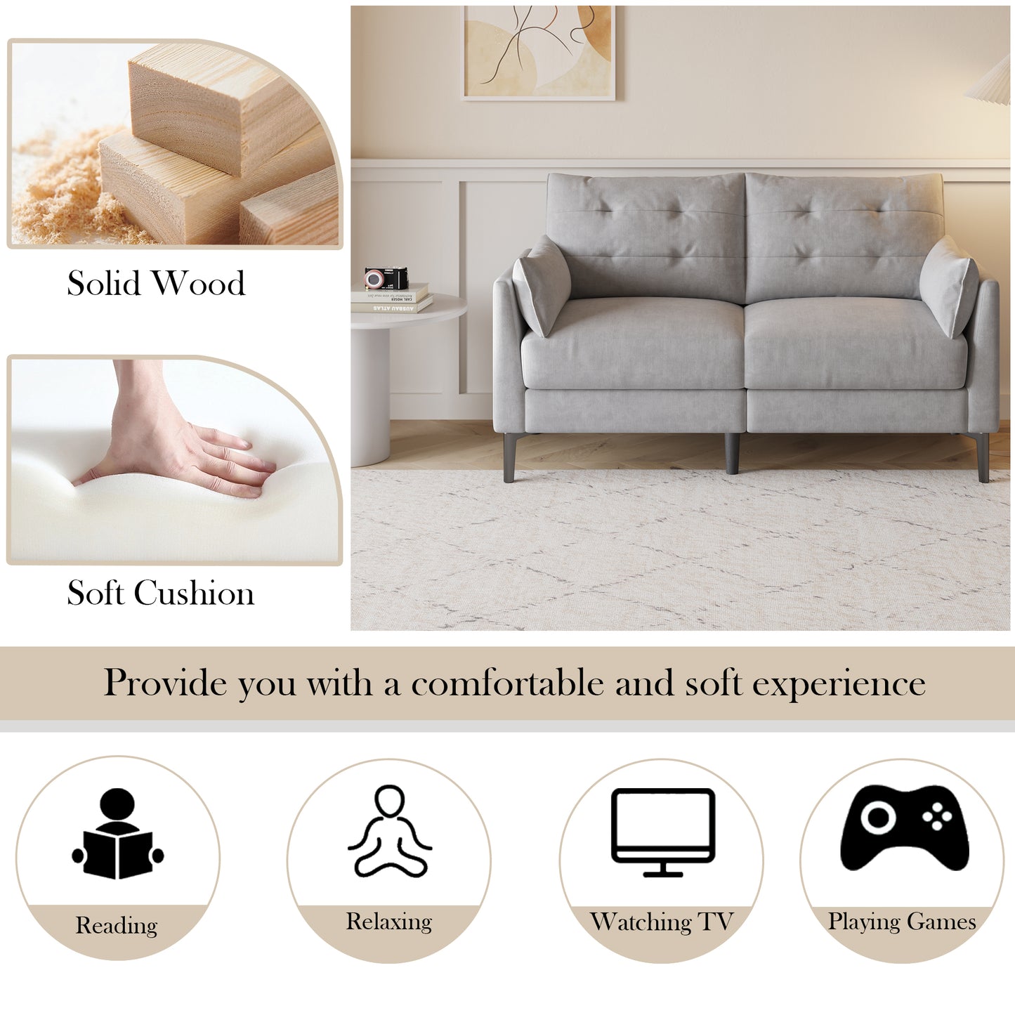 57.5 "cotton-linen light grey double sofa Metal feet Plastic feet Thick cushion with two armrests