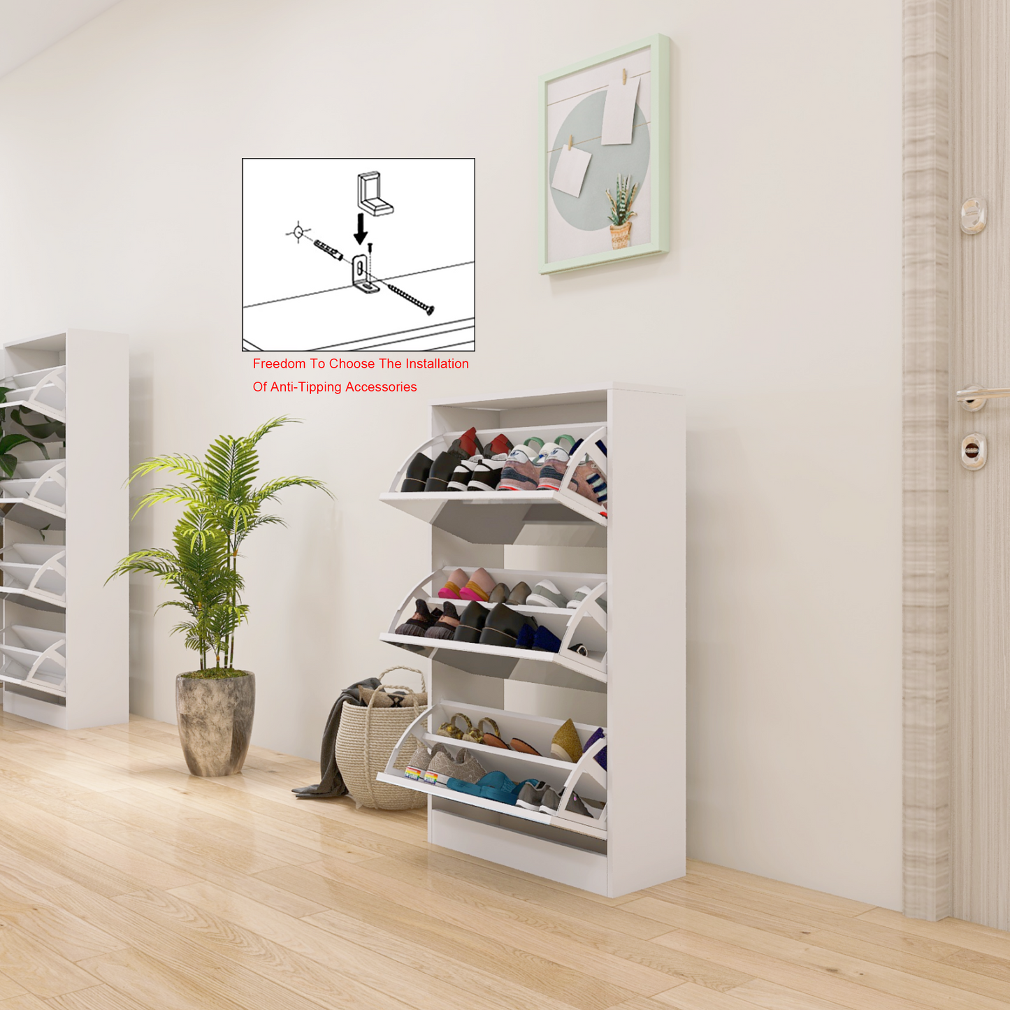 （缺货）Narrow Shoe Storage Cabinet with Mirror, Wood Slim Shoe Rack 3 Tier Shoe Organizer for Home and Apartment, White