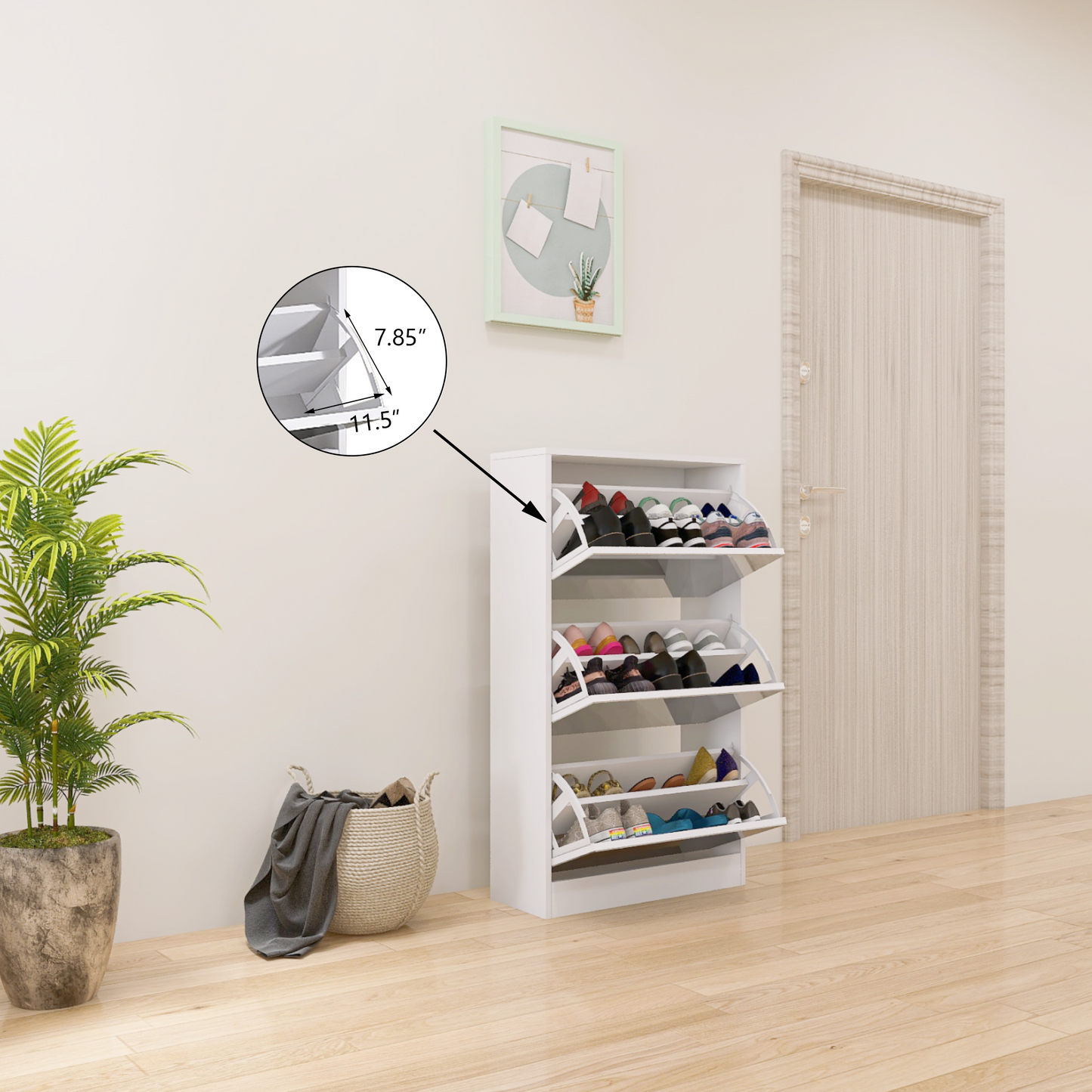 （缺货）Narrow Shoe Storage Cabinet with Mirror, Wood Slim Shoe Rack 3 Tier Shoe Organizer for Home and Apartment, White