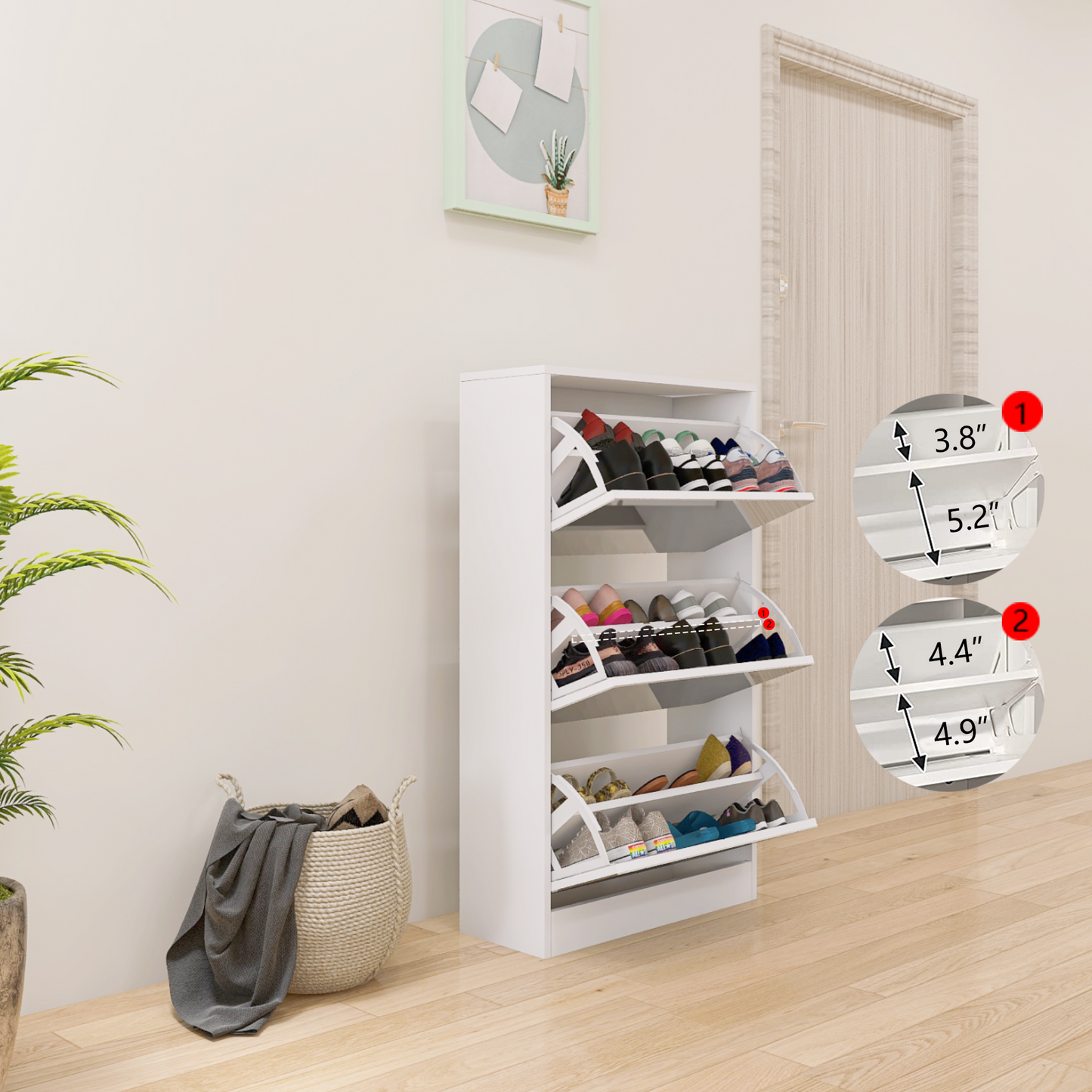 （缺货）Narrow Shoe Storage Cabinet with Mirror, Wood Slim Shoe Rack 3 Tier Shoe Organizer for Home and Apartment, White