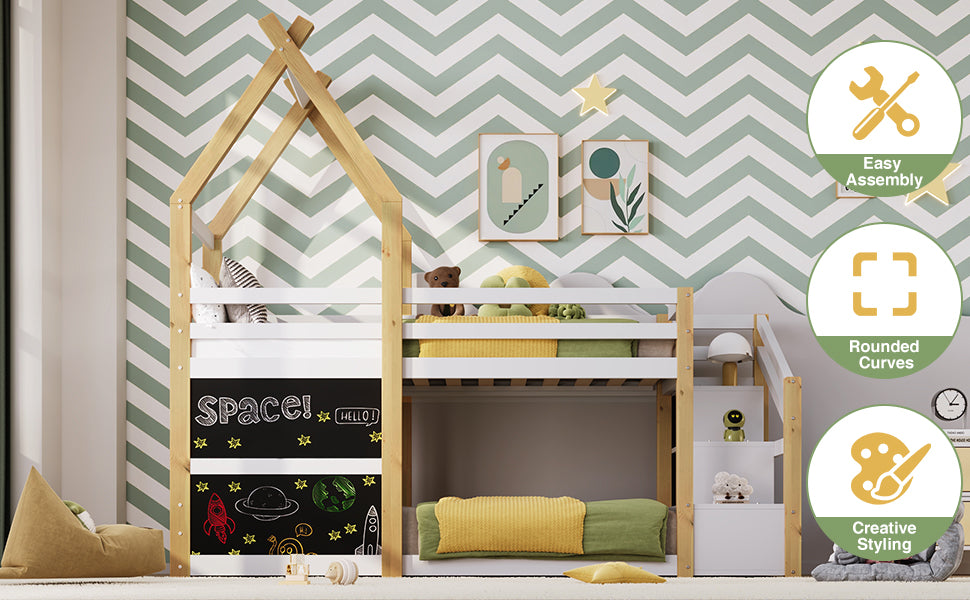 Twin over Twin House Bunk Bed with White Storage Staircase and 2 Blackboards, White and Natural