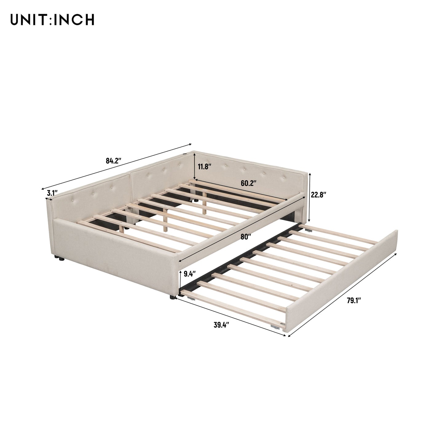 Queen Size Upholstered Platform Bed with USB and Twin Size Trundle, Beige