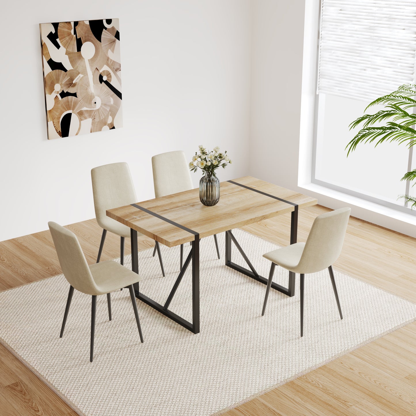 （预计10.3~10.10到货）Dining Chairs Set of 4,Modern Kitchen Dining Room Chairs,Upholstered Dining Accent Chairs in linen Cushion Seat and Sturdy Black Metal Legs .Fabric dining chairs (Beige)