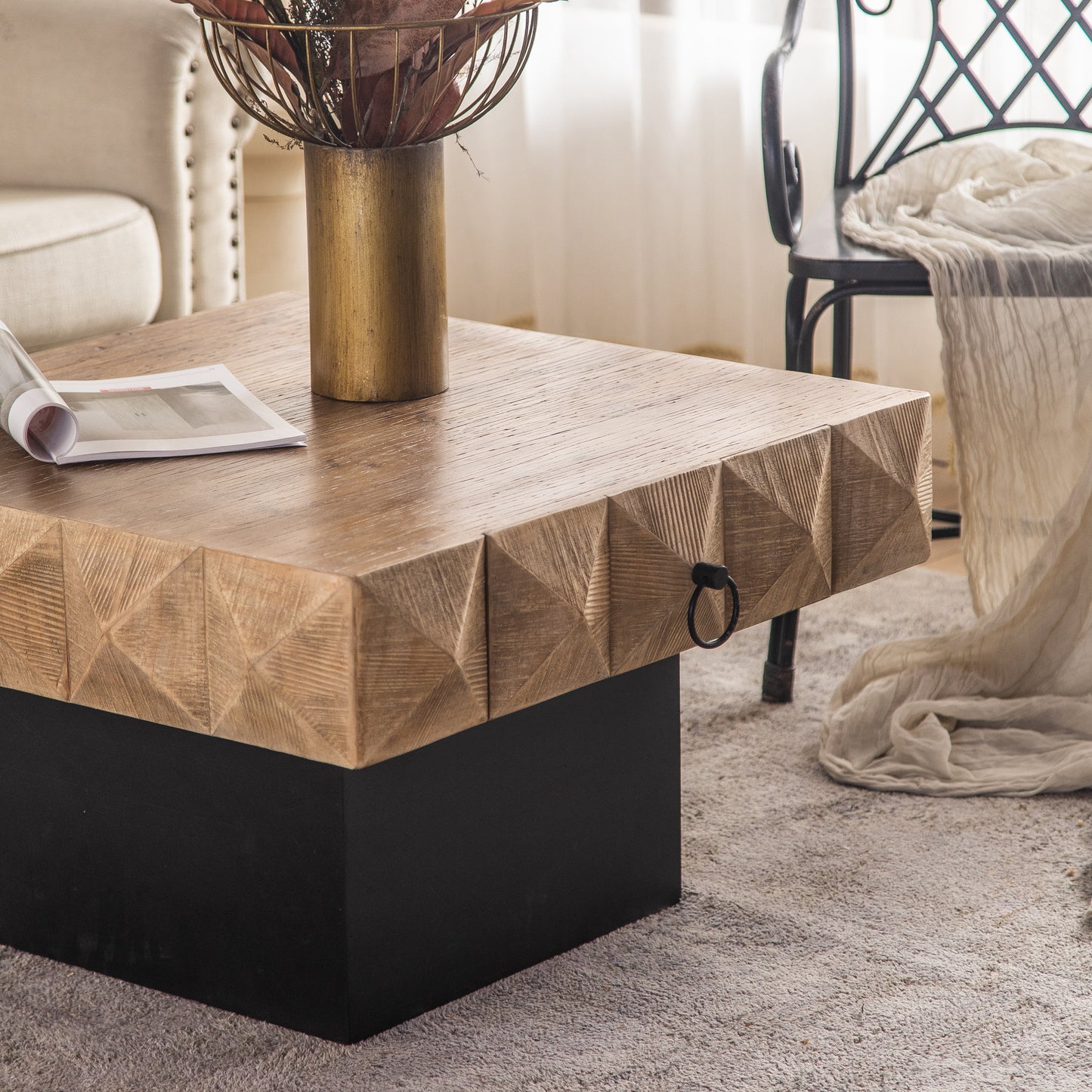 32.28"Three-dimensional Embossed Pattern Square Retro Coffee Table with 2 Drawers and MDF Base