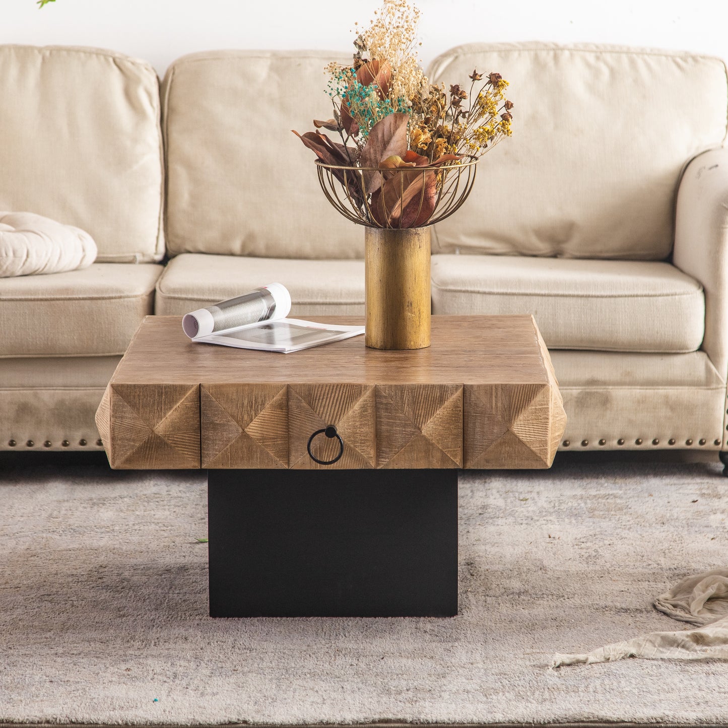 32.28"Three-dimensional Embossed Pattern Square Retro Coffee Table with 2 Drawers and MDF Base