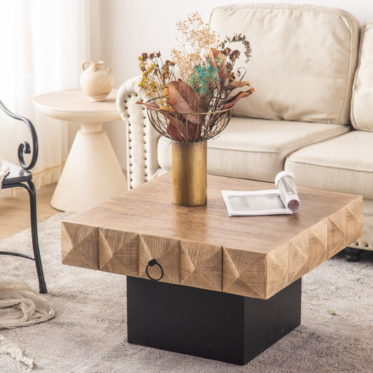 32.28"Three-dimensional Embossed Pattern Square Retro Coffee Table with 2 Drawers and MDF Base