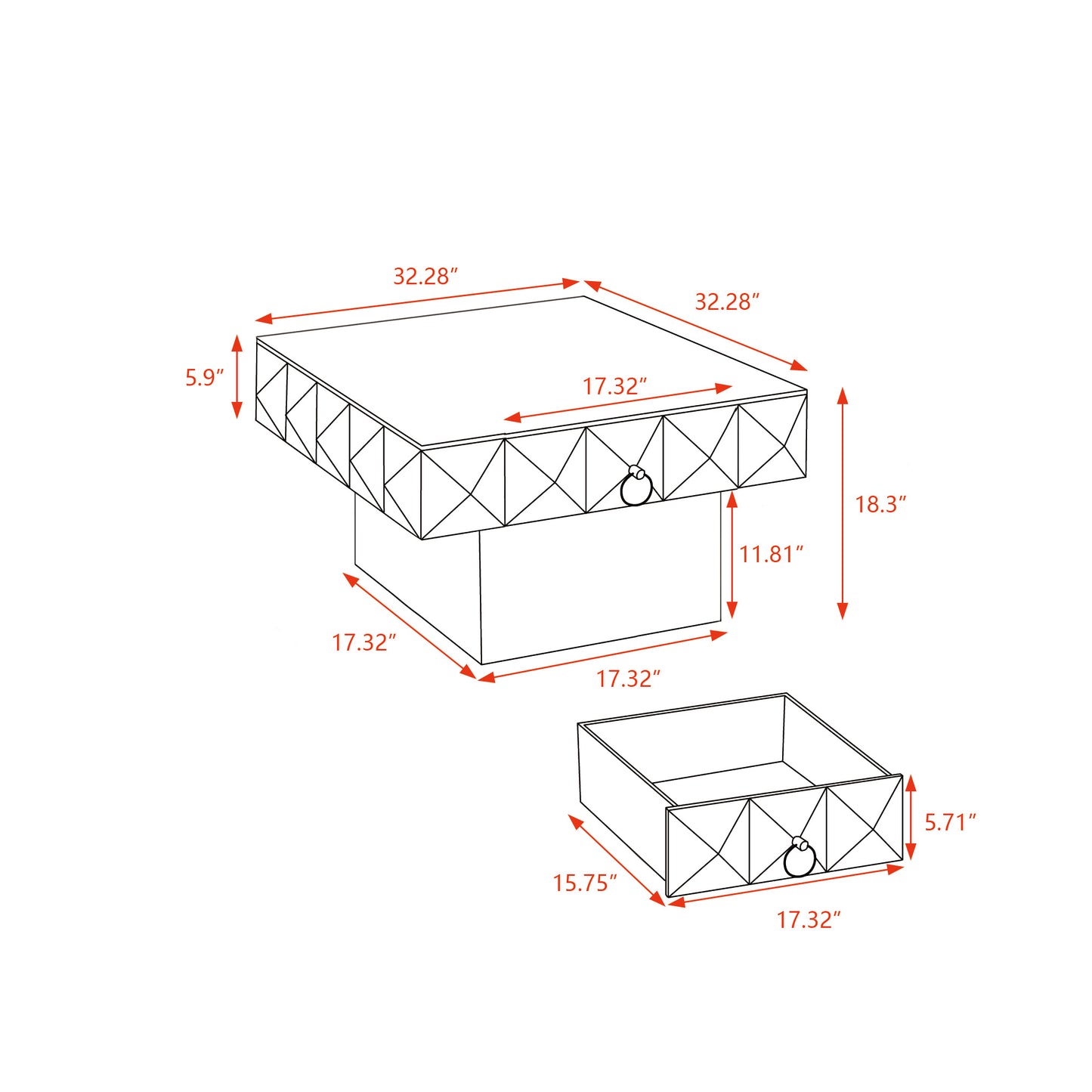 32.28"Three-dimensional Embossed Pattern Square Retro Coffee Table with 2 Drawers and MDF Base