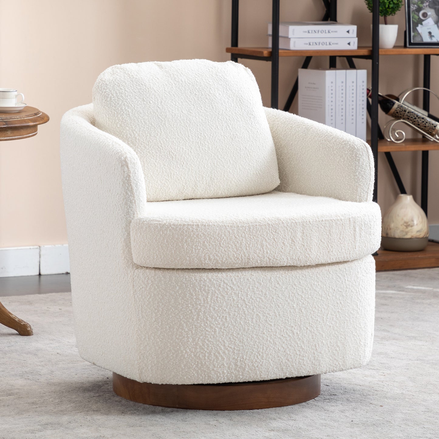 （最后1个库存）035-Boucle Fabric Swivel Accent Chair With Soild Wood Round Brown Base Leg,Ivory