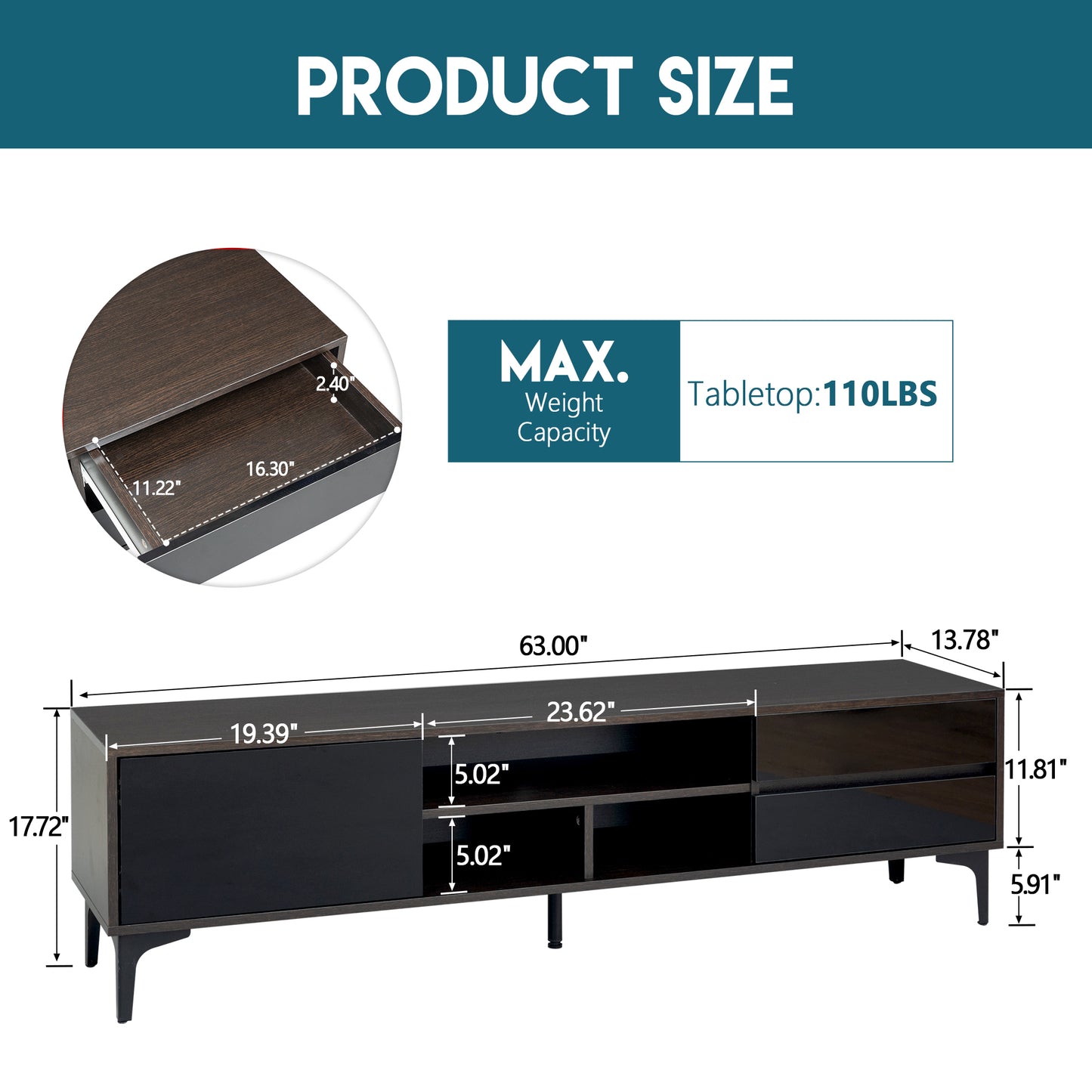 （预计1.18-1.25到货）TV stand,TV Cabinet,entertainment center,TV console,media console,with LED remote control lights,UV bloom drawer panel,ferrous legs,can be placed in the living room, bedroom, color: Dark Brown+black