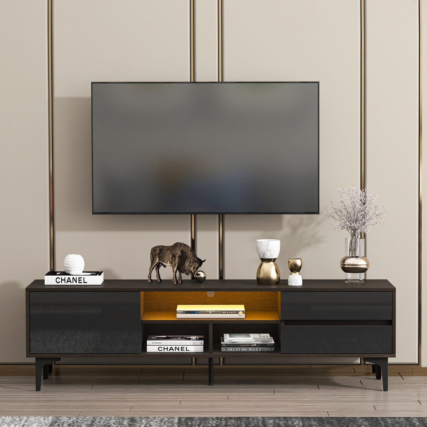 （预计1.18-1.25到货）TV stand,TV Cabinet,entertainment center,TV console,media console,with LED remote control lights,UV bloom drawer panel,ferrous legs,can be placed in the living room, bedroom, color: Dark Brown+black