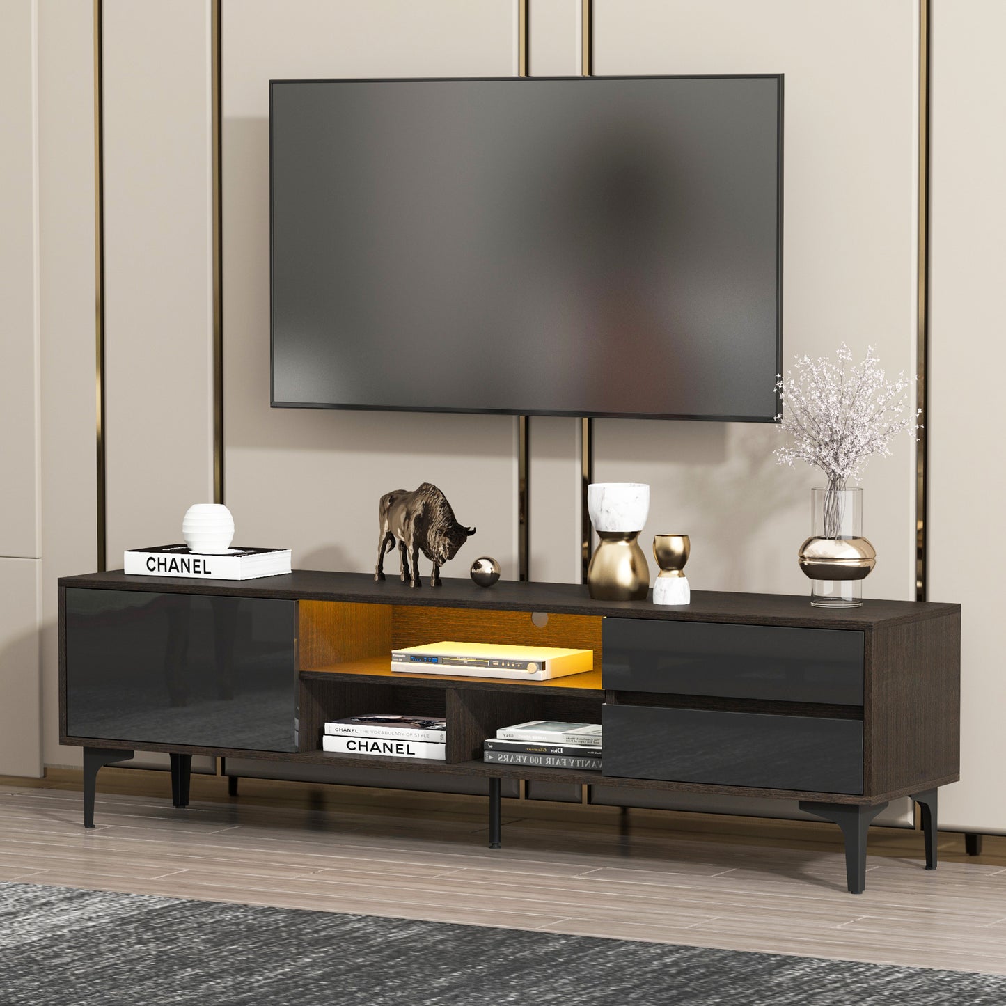 （预计1.18-1.25到货）TV stand,TV Cabinet,entertainment center,TV console,media console,with LED remote control lights,UV bloom drawer panel,ferrous legs,can be placed in the living room, bedroom, color: Dark Brown+black