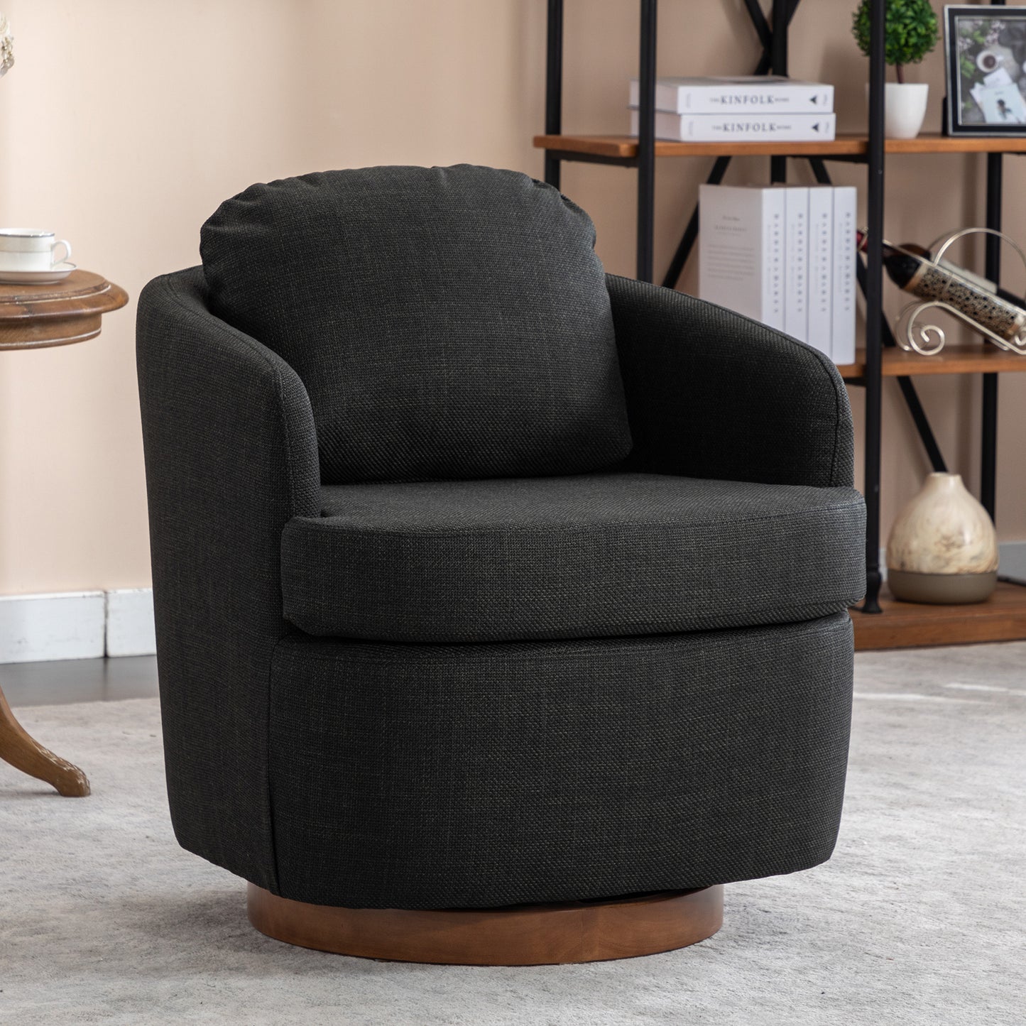 035-Linen Fabric Swivel Accent Chair With Soild Wood Round Brown Base Leg,Dark Gray