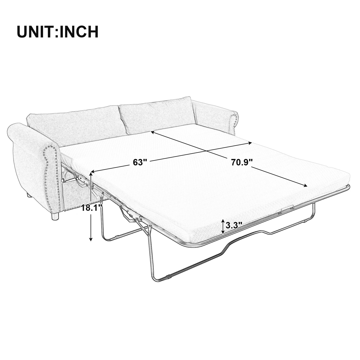 U_Style 80.7'' 2-in-1 Sofa Bed Sleeper with Large Memory Mattress(63''*70.9*3.3 inch), for Living Room Spaces Bedroom