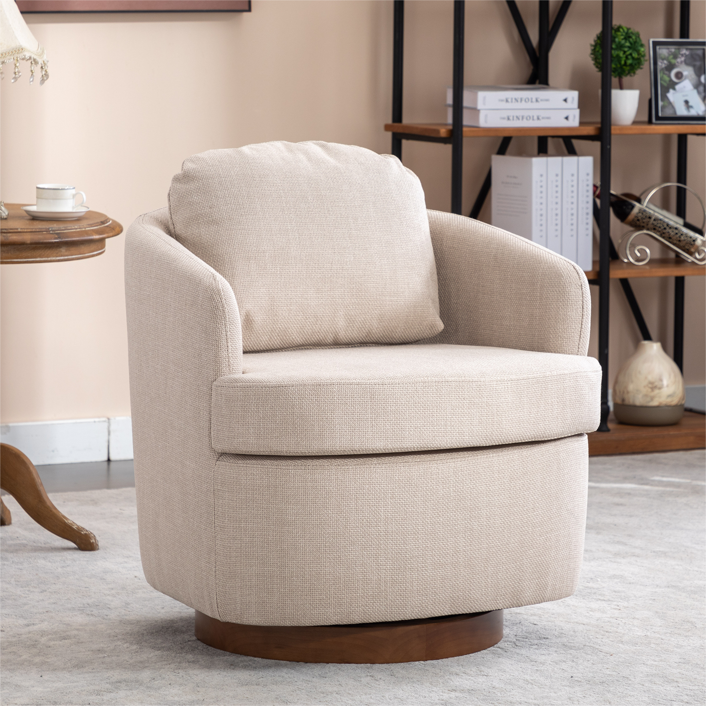 035-Linen Fabric Swivel Accent Chair With Soild Wood Round Brown Base Leg,Beige