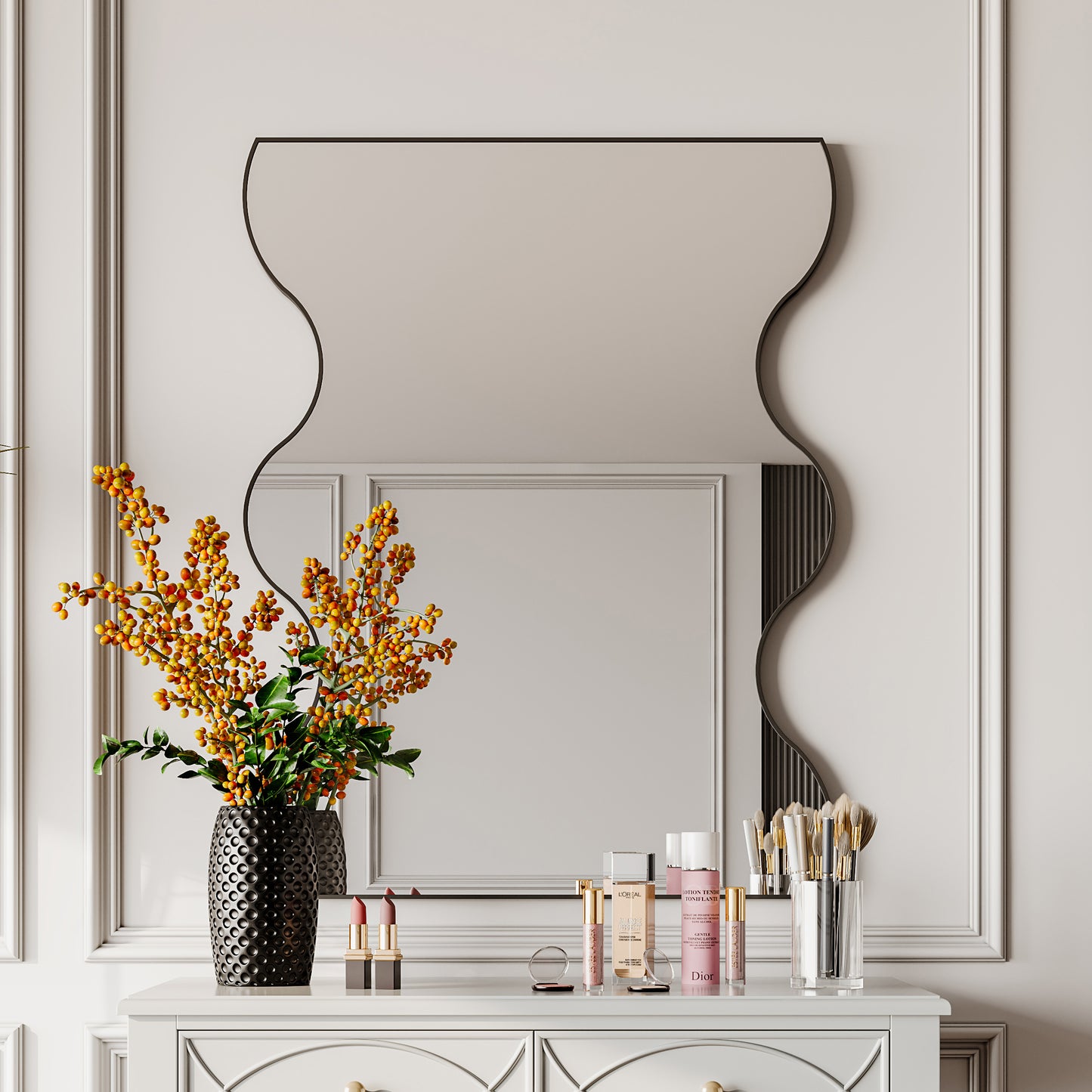 Wall Mirror 30x35 Inch Black Rectangular Mirror with 2 Wavy Sides Metal Framed Mirror Vanity Mirror Dressing Mirror, for Bathroom, Living Room, Bedroom Wall Decor