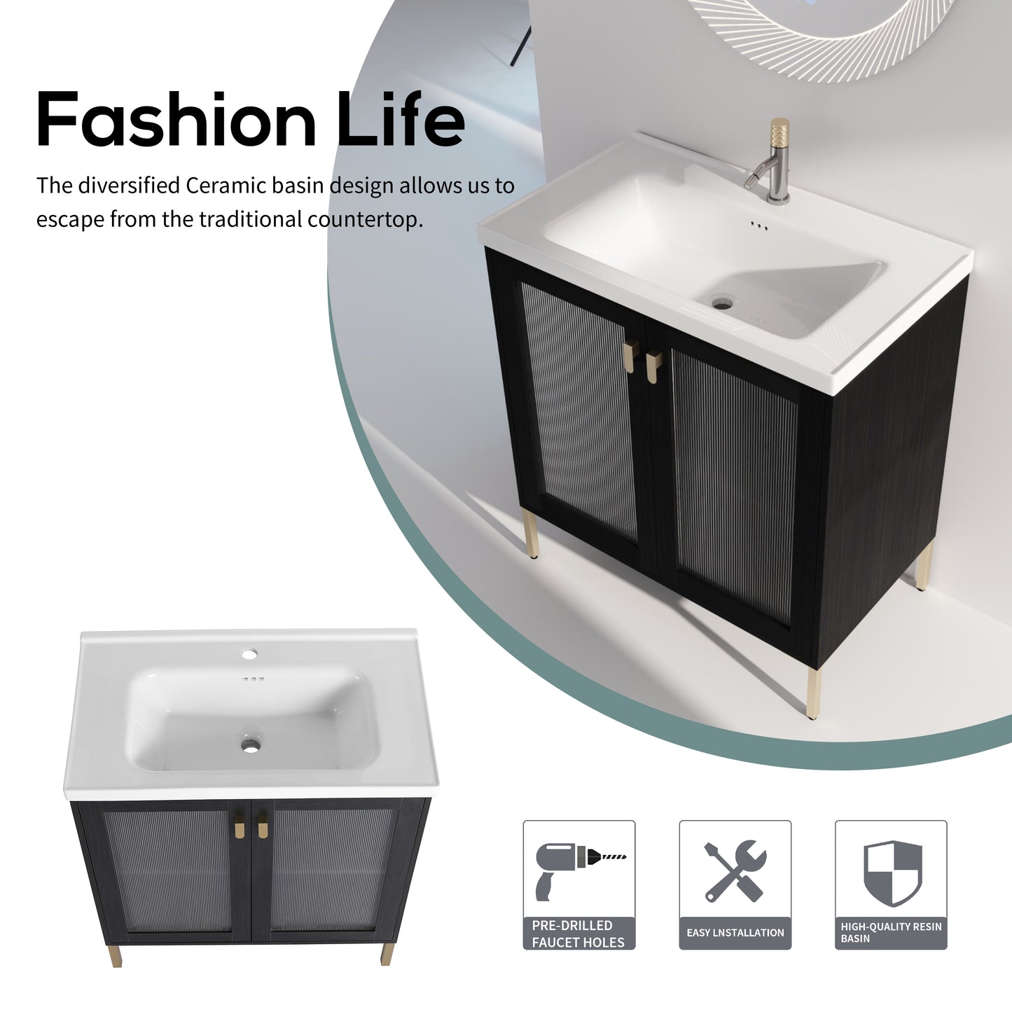 32Inch Freestanding Bathroom Vanity Plywood With Ceramic Sink, Soft Closing Door (KD-Package)