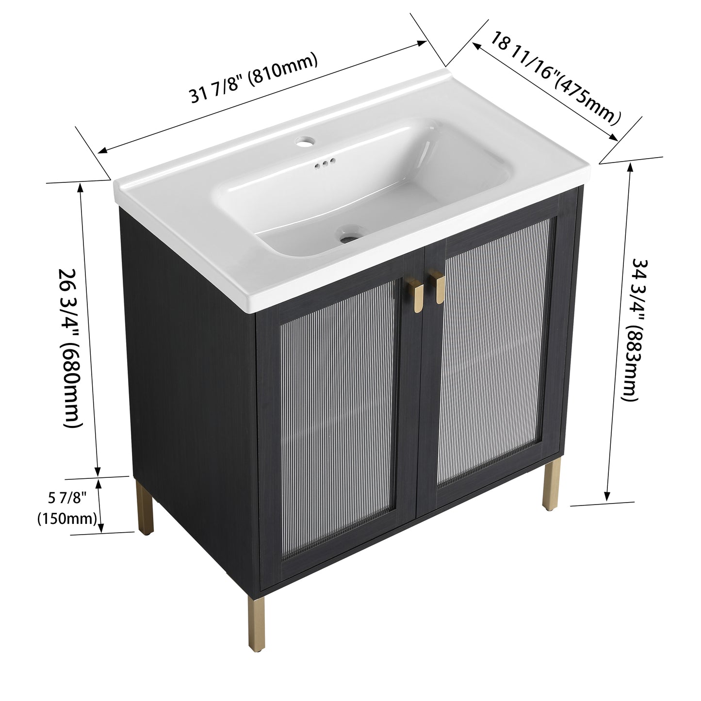 32Inch Freestanding Bathroom Vanity Plywood With Ceramic Sink, Soft Closing Door (KD-Package)