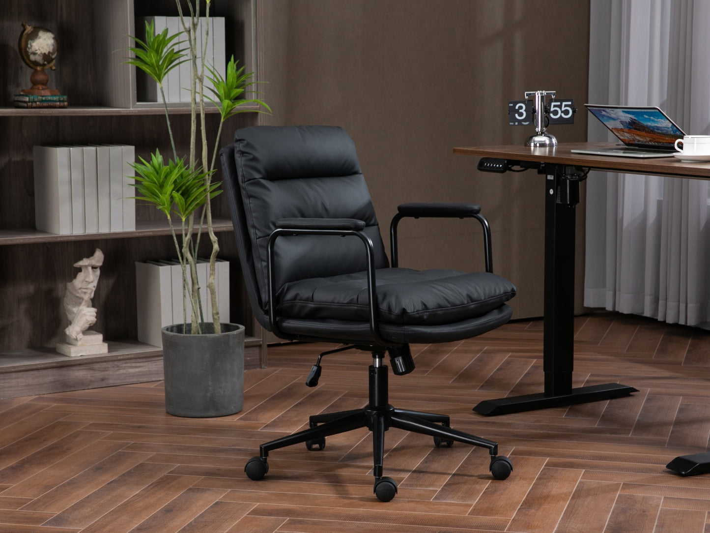 Office Chair,Mid Back Home Office Desk Task Chair with Wheels and Arms Ergonomic PU Leather Computer Rolling Swivel Chair with Padded Armrest,The back of the chair can recline 40° (Black)