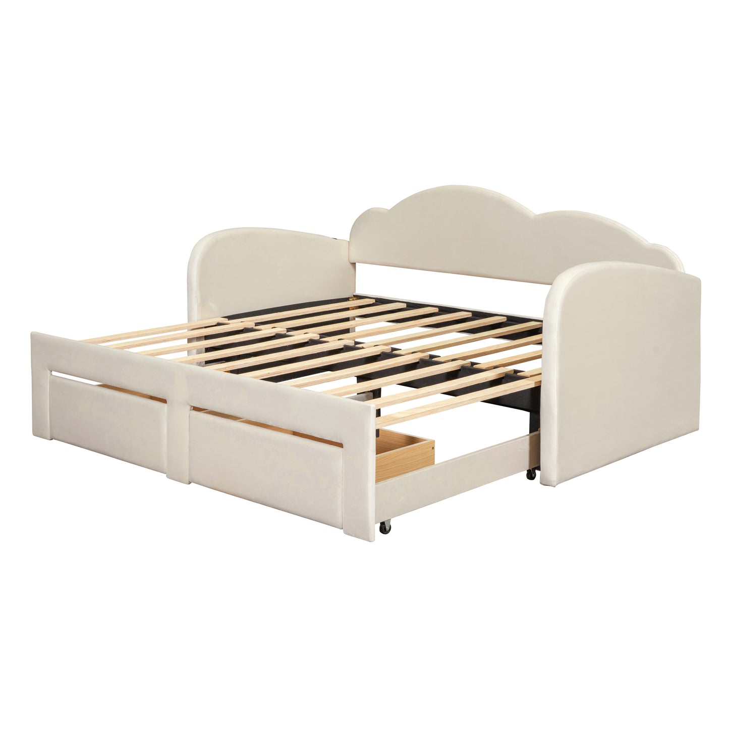 Twin Size Upholstered daybed with Cloud-Shaped Backrest, Trundle & 2 Drawers and USB Ports, Beige