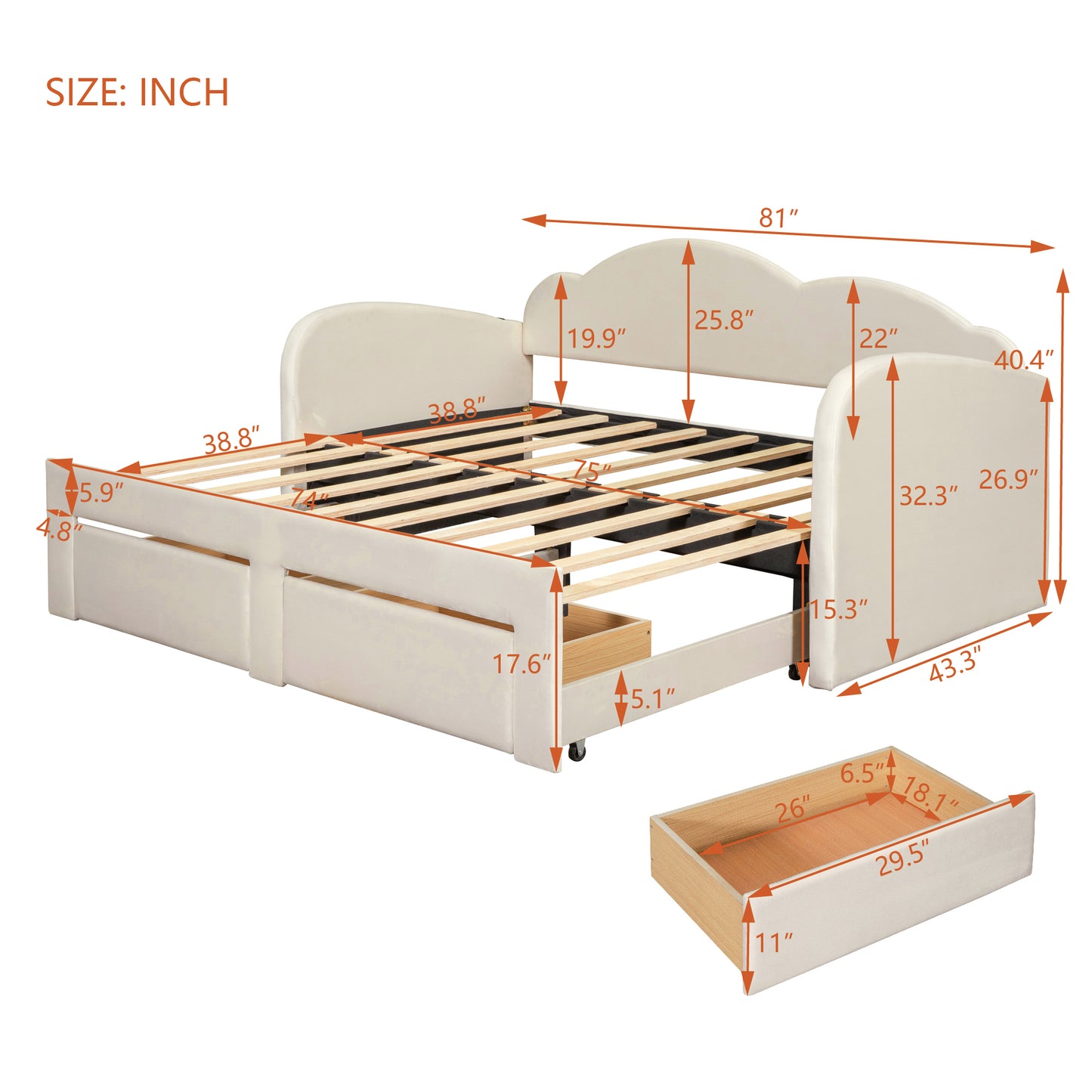 Twin Size Upholstered daybed with Cloud-Shaped Backrest, Trundle & 2 Drawers and USB Ports, Beige