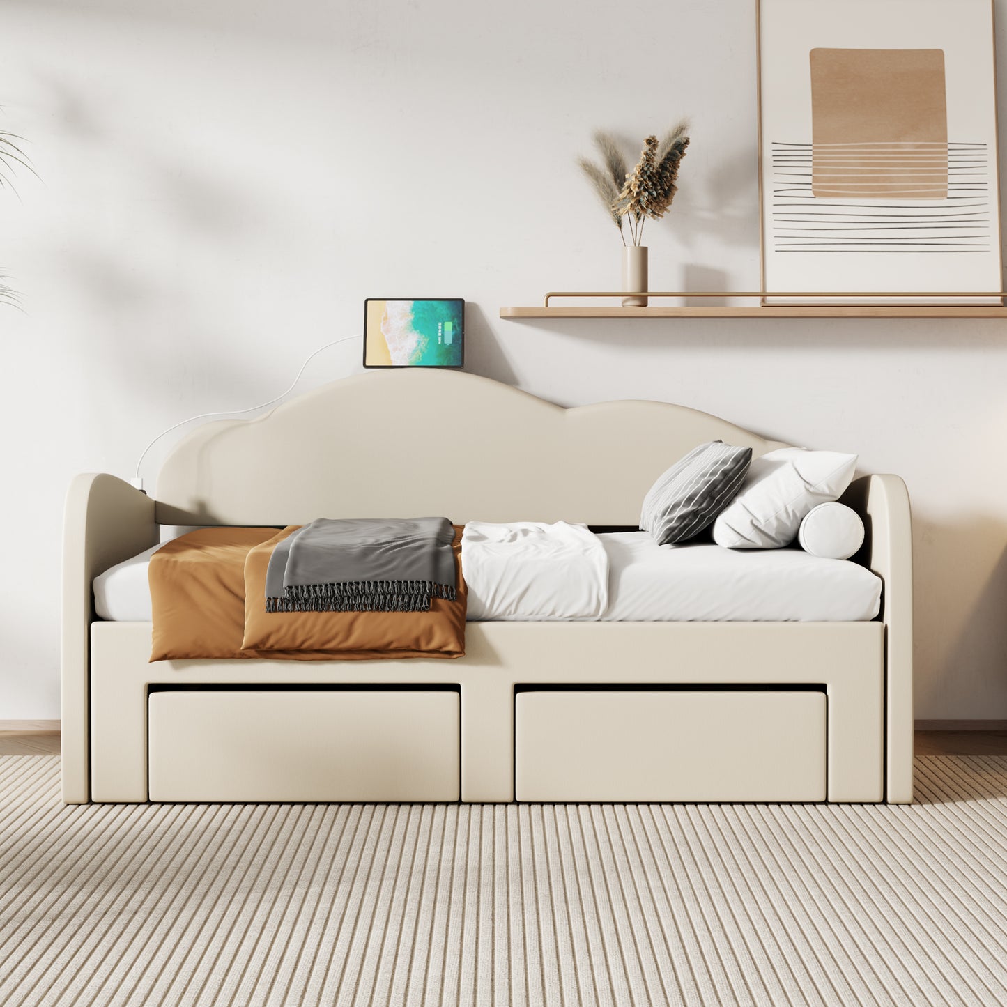 Twin Size Upholstered daybed with Cloud-Shaped Backrest, Trundle & 2 Drawers and USB Ports, Beige