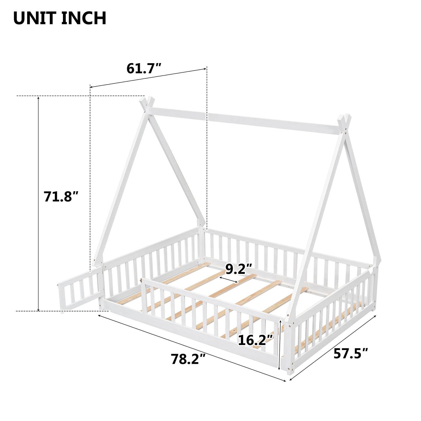 Full Tent-shaped Floor Bed, with Guardrails, Slats, Door ,White