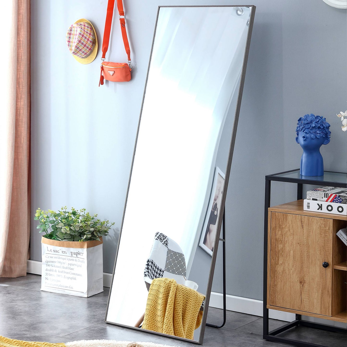 3rd generation Grey Solid Wood Frame Full-length Mirror, Dressing Mirror, Bedroom Home Porch, Decorative Mirror, Clothing Store, Floor Mounted Large Mirror, Wall Mounted.65"*23"