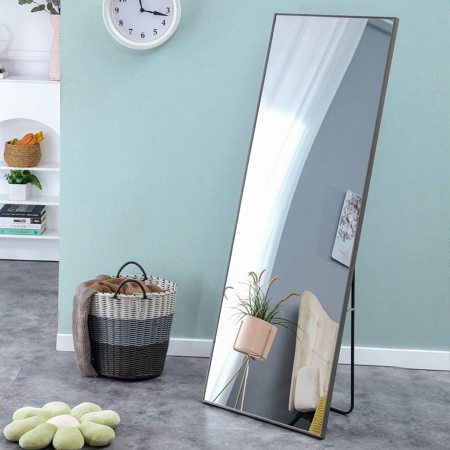 3rd generation Grey Solid Wood Frame Full-length Mirror, Dressing Mirror, Bedroom Home Porch, Decorative Mirror, Clothing Store, Floor Mounted Large Mirror, Wall Mounted.65"*23"