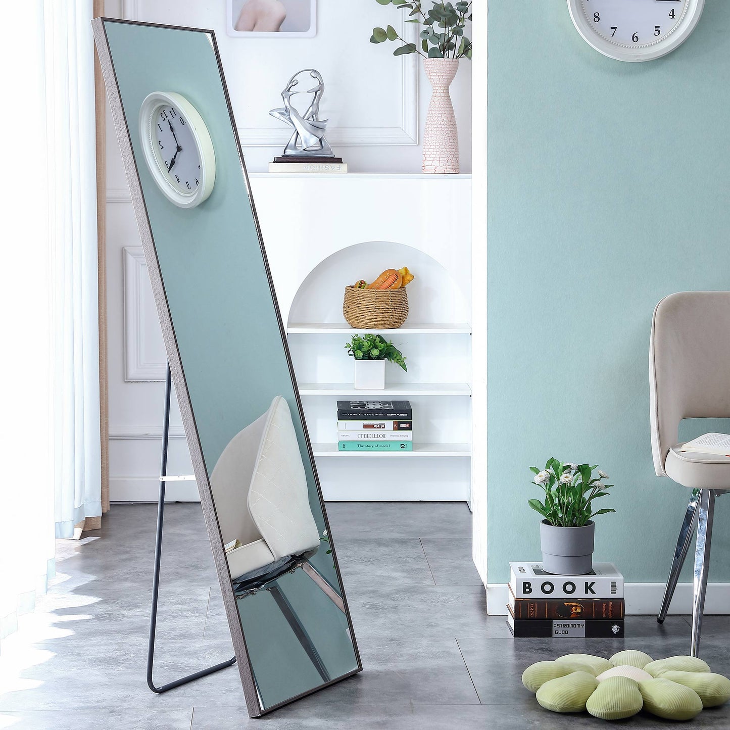 3rd generation Grey Solid Wood Frame Full-length Mirror, Dressing Mirror, Bedroom Home Porch, Decorative Mirror, Clothing Store, Floor Mounted Large Mirror, Wall Mounted.65"*23"